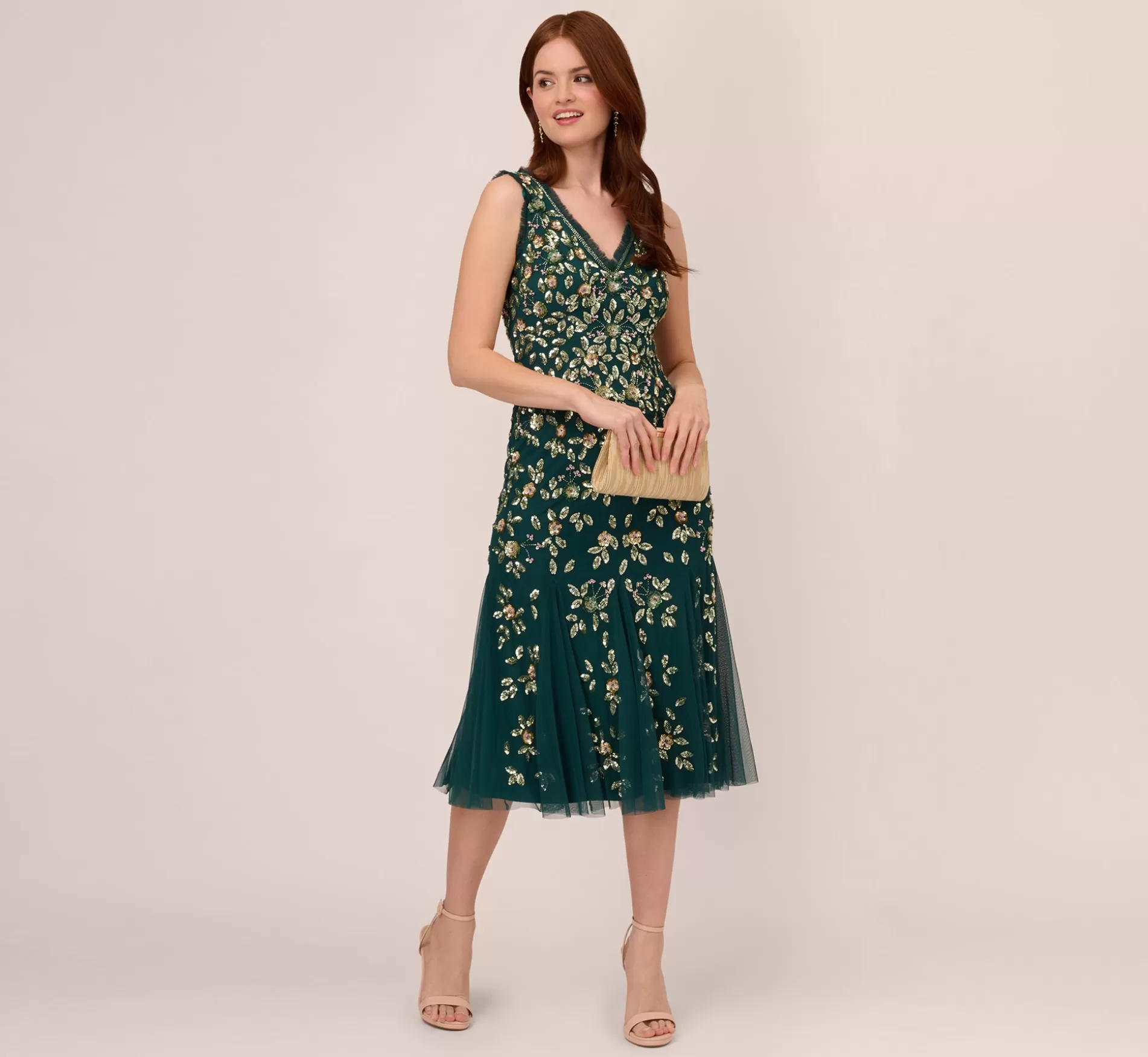 Clearance Floral Beaded Midi Dress With Godet Skirt In Gem Green Best Sellers | Beaded
