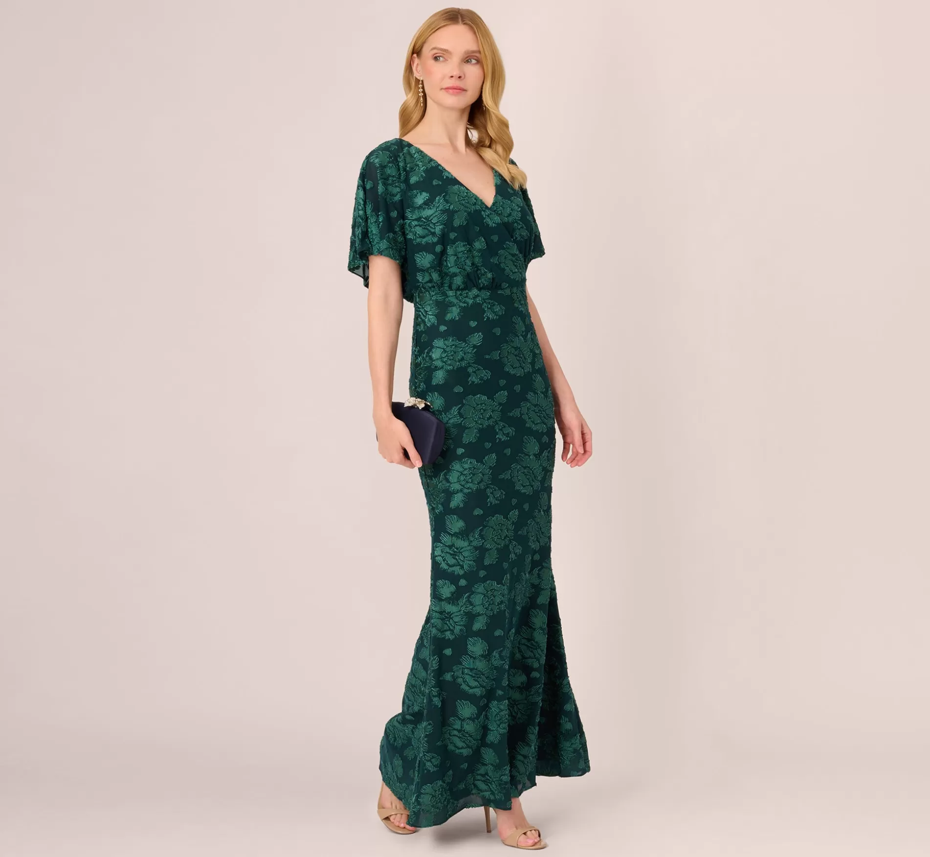 Store Floral Burnout Velvet Long Blouson Gown In Hunter Black Tie | Floral