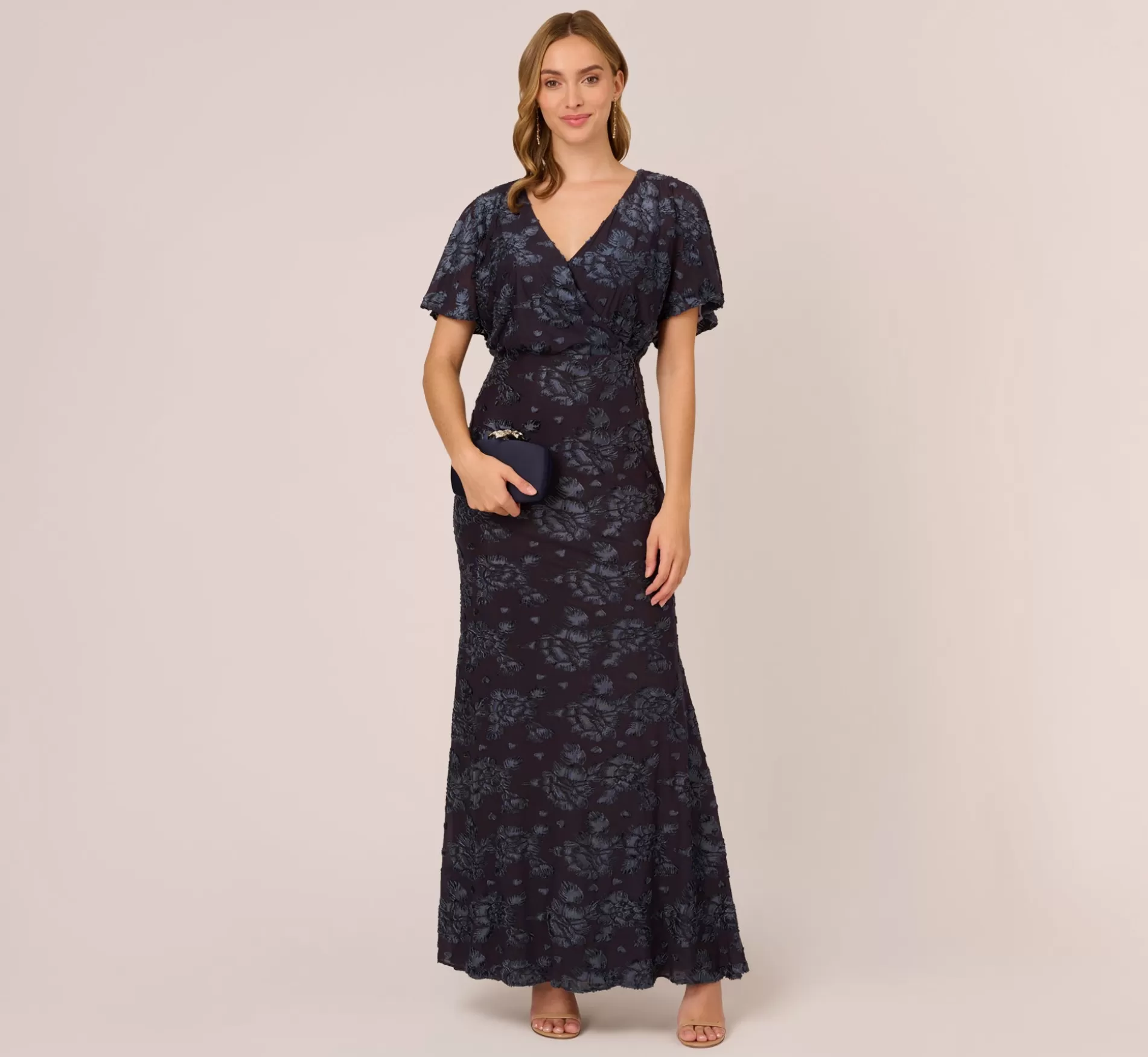 Online Floral Burnout Velvet Long Blouson Gown In Midnight Long Dresses | Black Tie