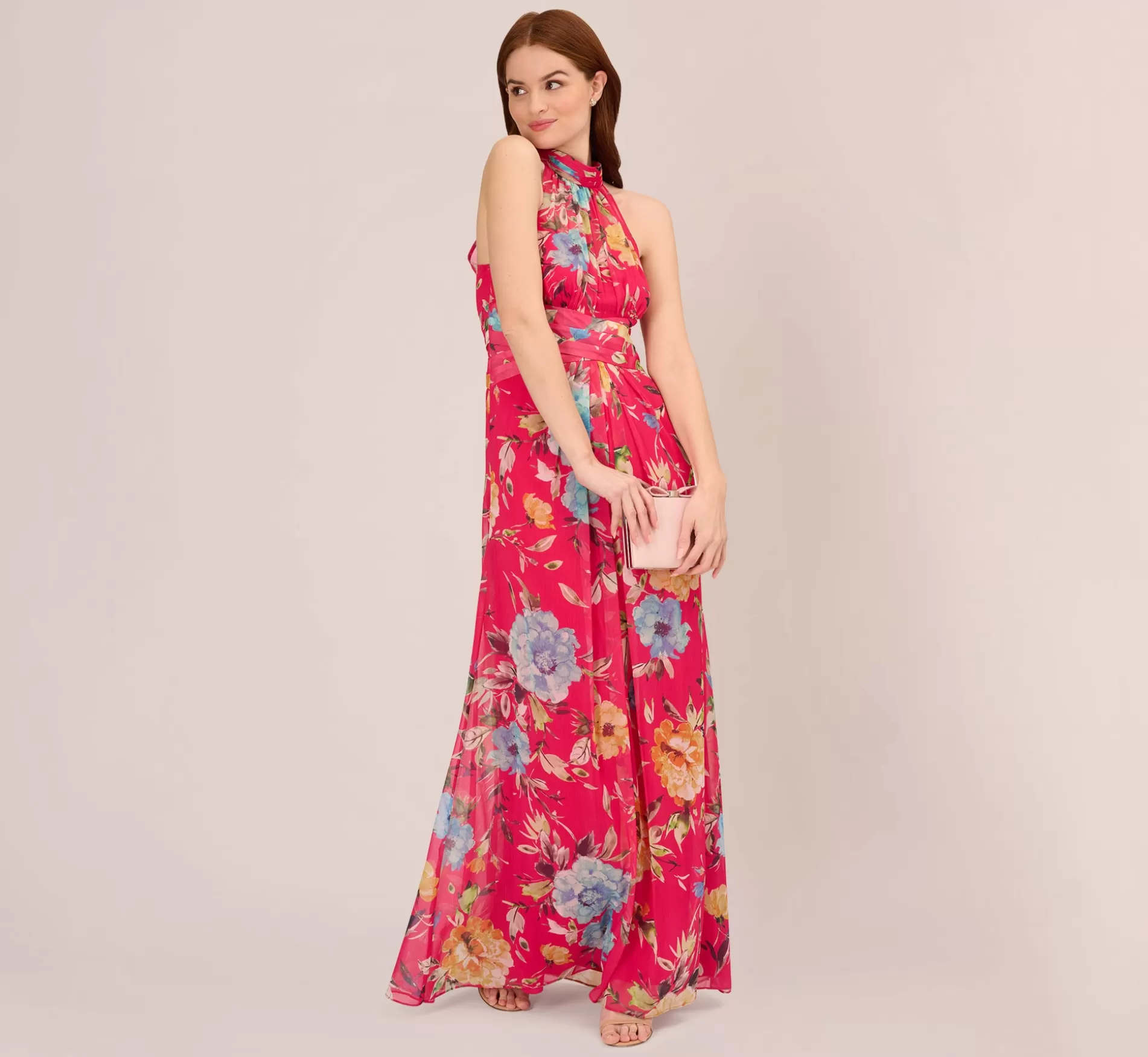 Hot Floral Chiffon Halter Gown With Illusion Details In Pink Multi Long Dresses | Black Tie