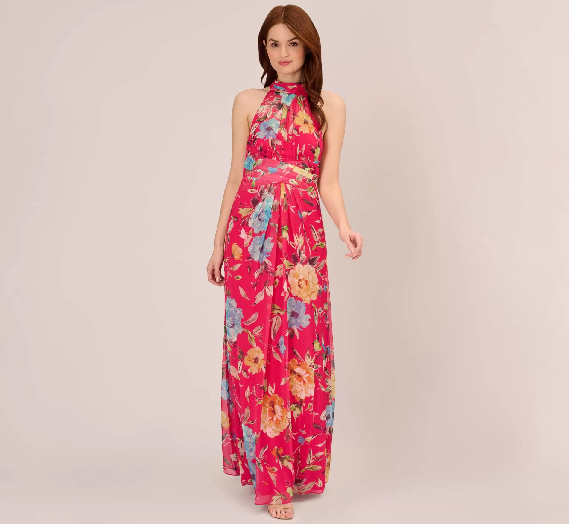 Hot Floral Chiffon Halter Gown With Illusion Details In Pink Multi Long Dresses | Black Tie