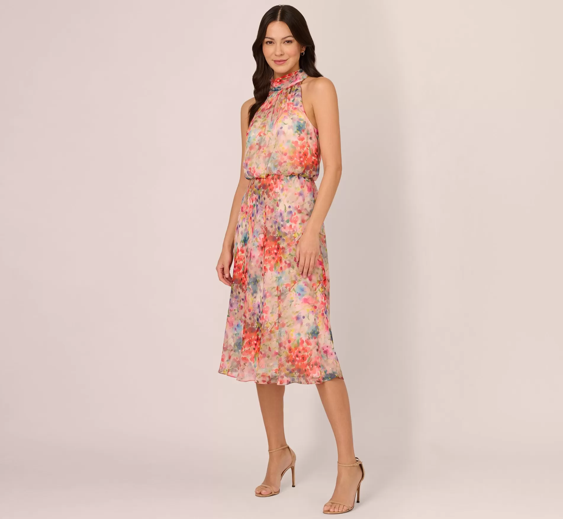 Best Floral Chiffon Halter Midi Dress With Blouson Bodice In Red Multi Formal | Floral