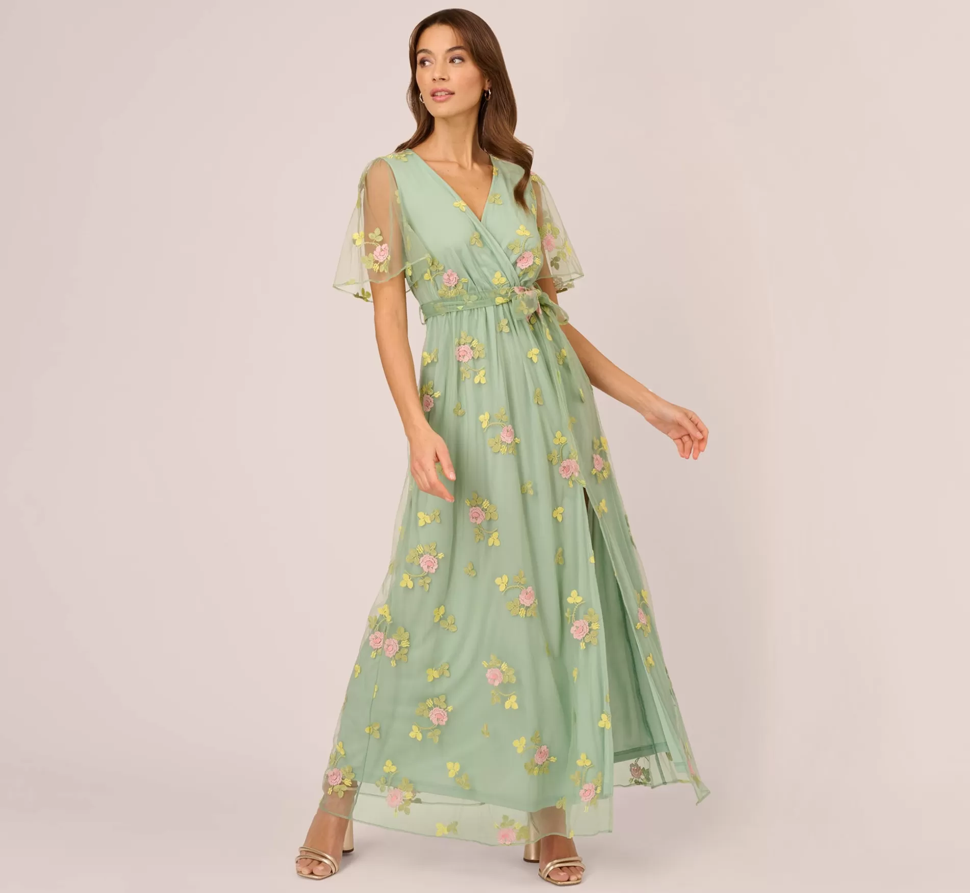 Outlet Floral Embroidered Maxi Dress With Sheer Flutter Sleeves In Sage Multi Best Sellers | Formal