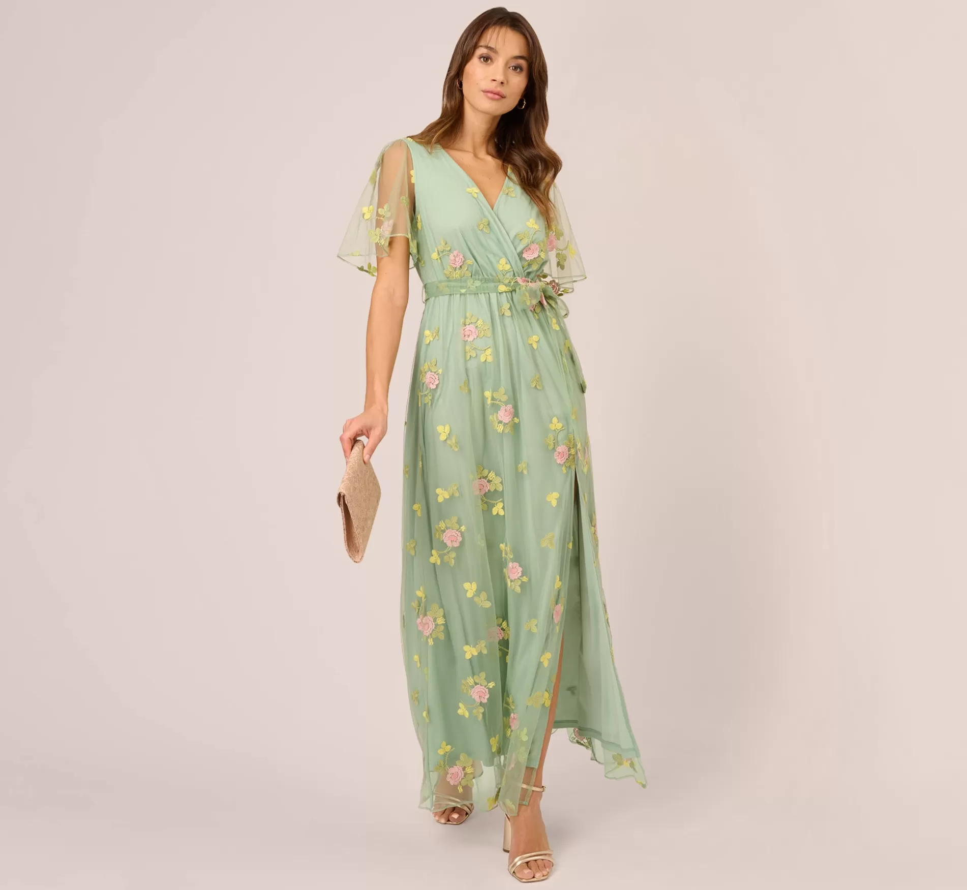 Outlet Floral Embroidered Maxi Dress With Sheer Flutter Sleeves In Sage Multi Best Sellers | Formal