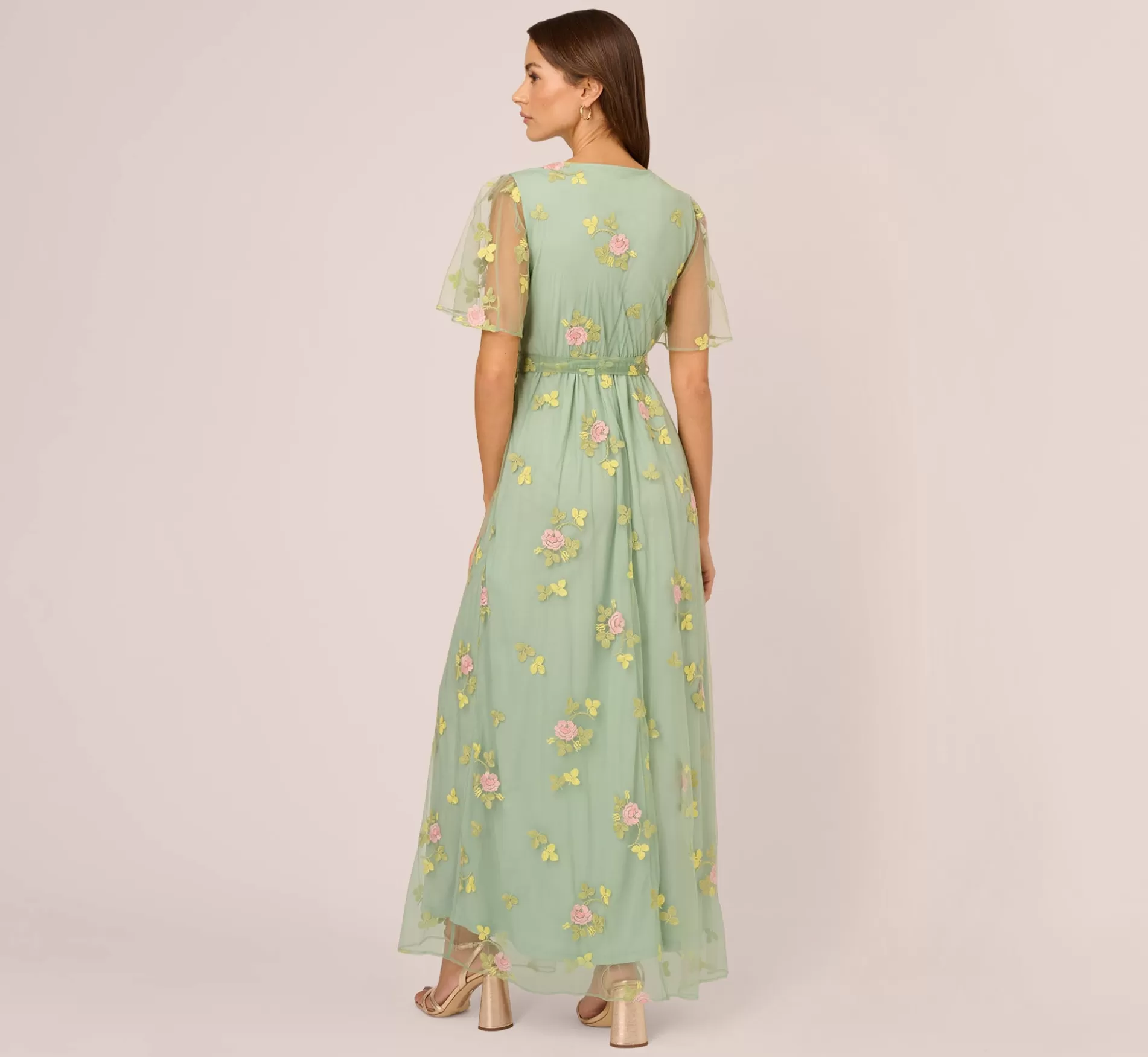 Outlet Floral Embroidered Maxi Dress With Sheer Flutter Sleeves In Sage Multi Best Sellers | Formal