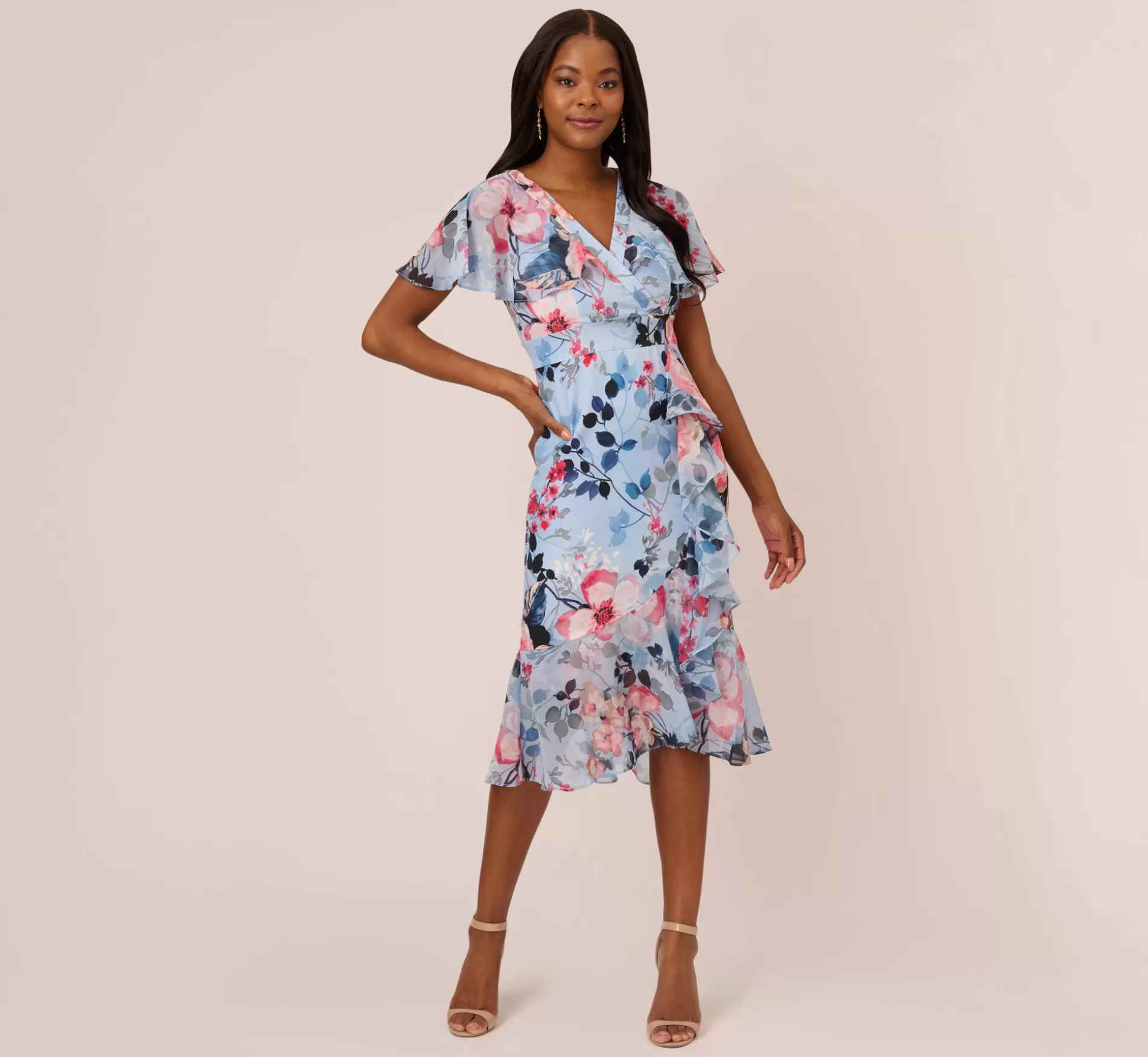 New Floral Faux Wrap Dress In Blue Multi Floral | Floral