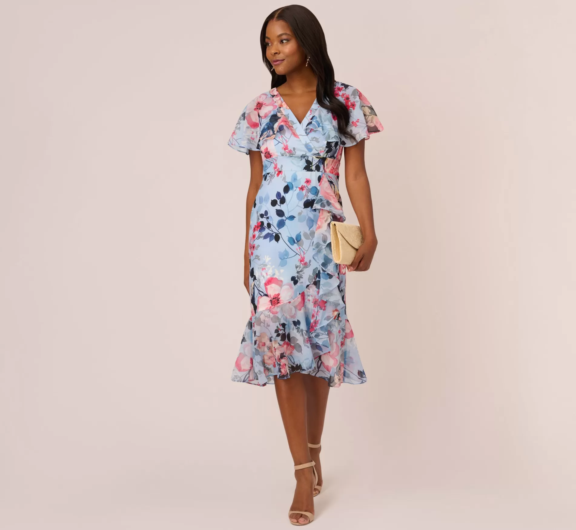 New Floral Faux Wrap Dress In Blue Multi Floral | Floral