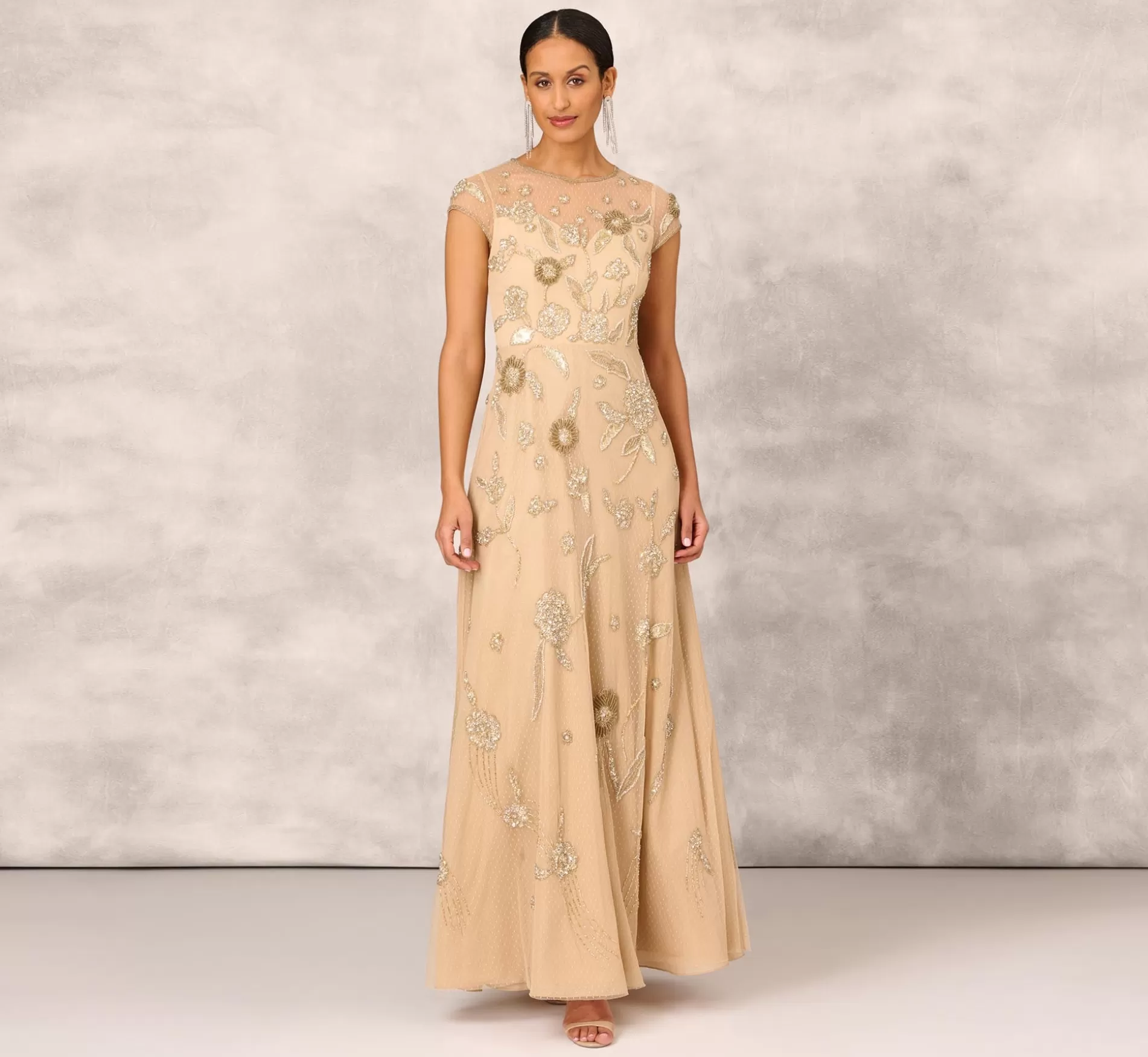 Flash Sale Floral Hand-Beaded Point D Sprit Mesh Illusion Gown In Light Gold Floral Dresses | Long Dresses