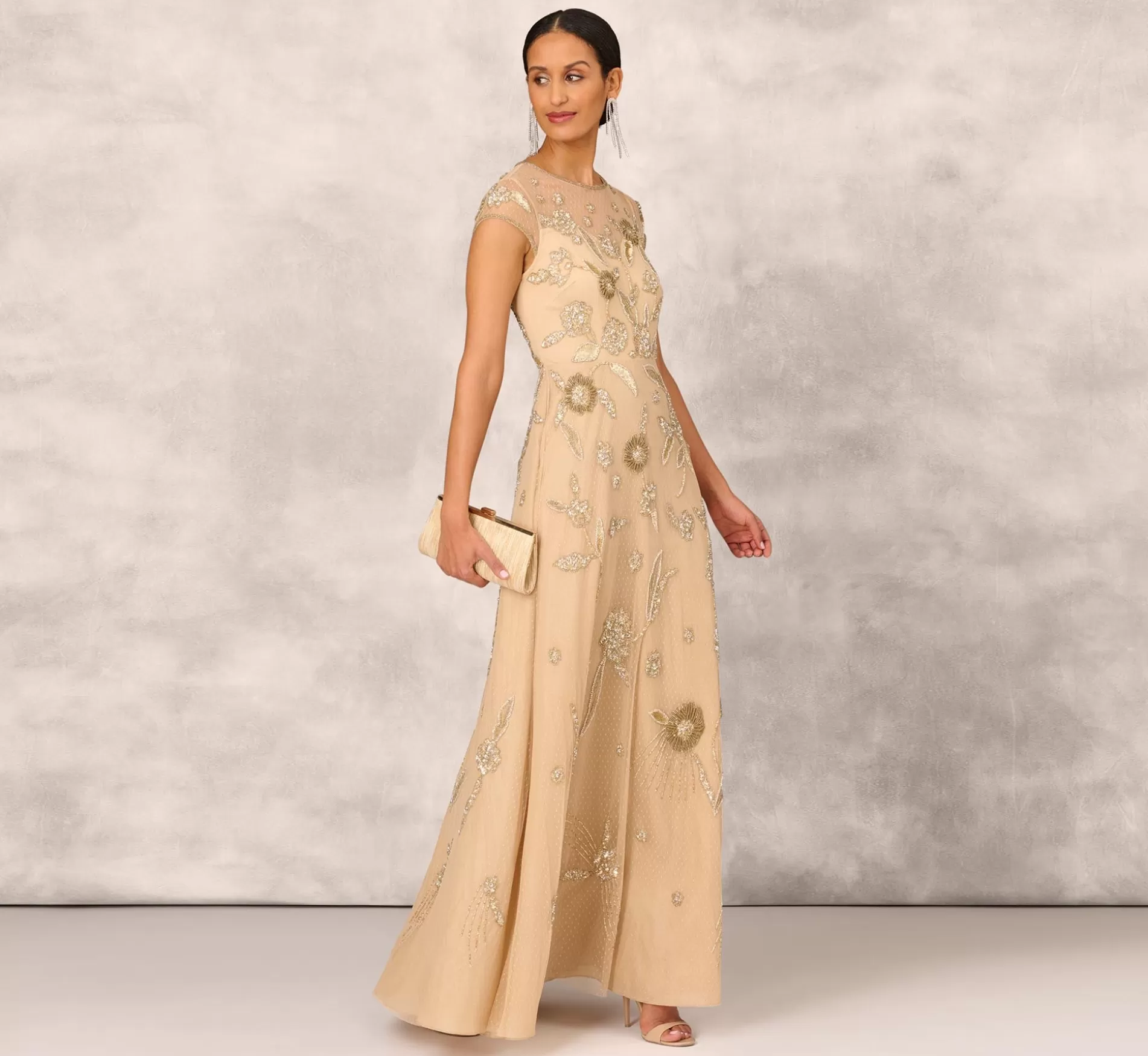 Flash Sale Floral Hand-Beaded Point D Sprit Mesh Illusion Gown In Light Gold Floral Dresses | Long Dresses