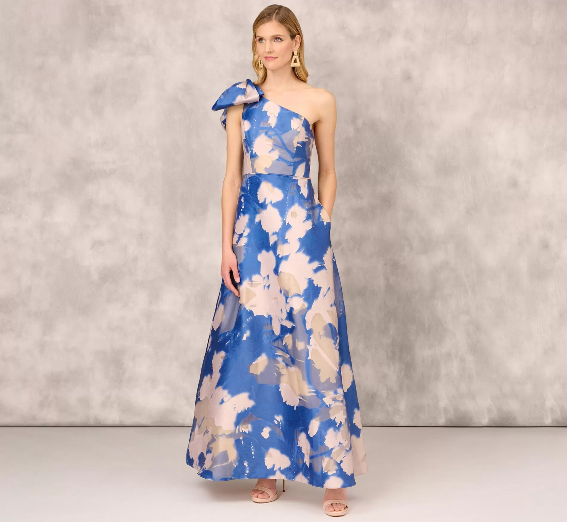 Outlet Floral Jacquard One Shoulder Ball Gown With Bow Accent In Royal Sapphire Floral Dresses | Long Dresses