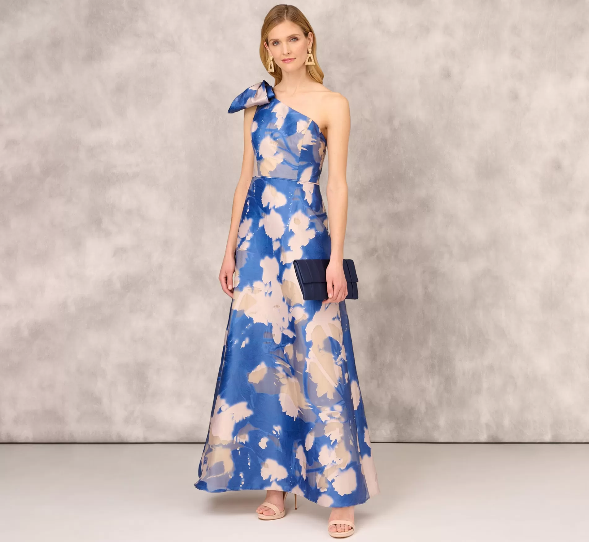 Outlet Floral Jacquard One Shoulder Ball Gown With Bow Accent In Royal Sapphire Floral Dresses | Long Dresses