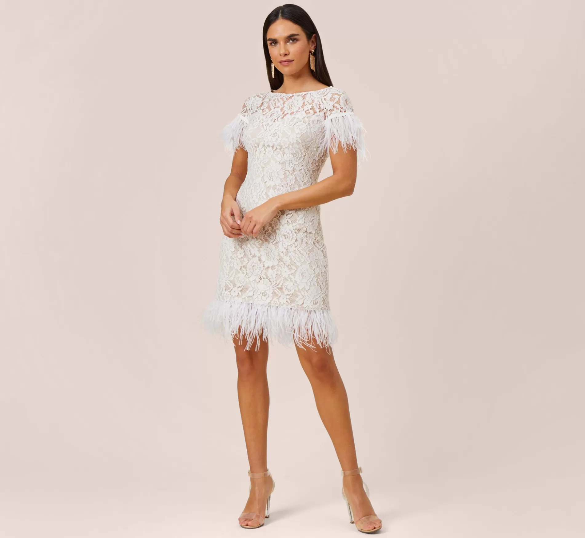 Clearance Floral Lace And Feather Trimmed Short Sheath Cocktail Dress In Ivory Little White Dresses | Floral Dresses