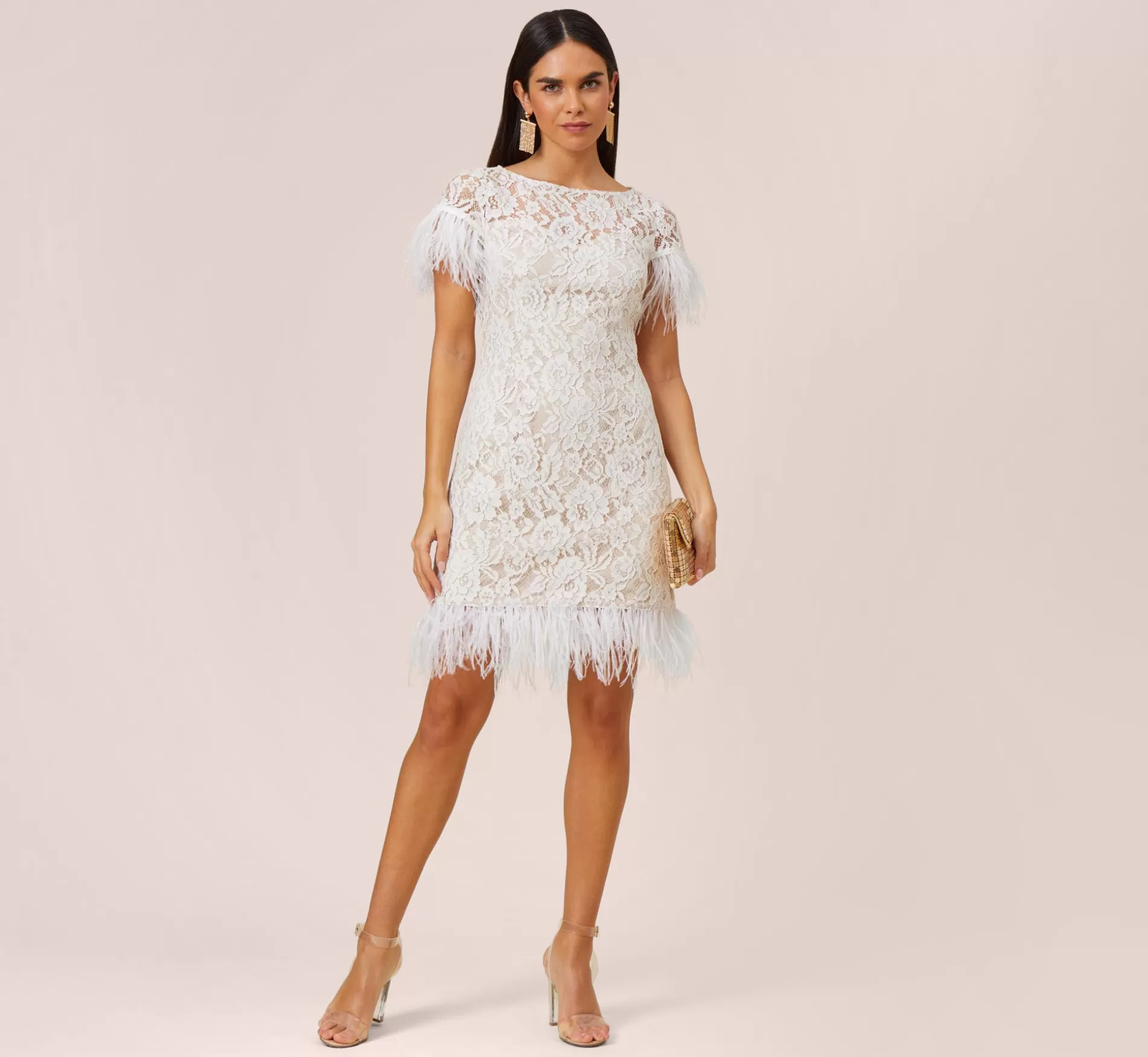 Clearance Floral Lace And Feather Trimmed Short Sheath Cocktail Dress In Ivory Little White Dresses | Floral Dresses