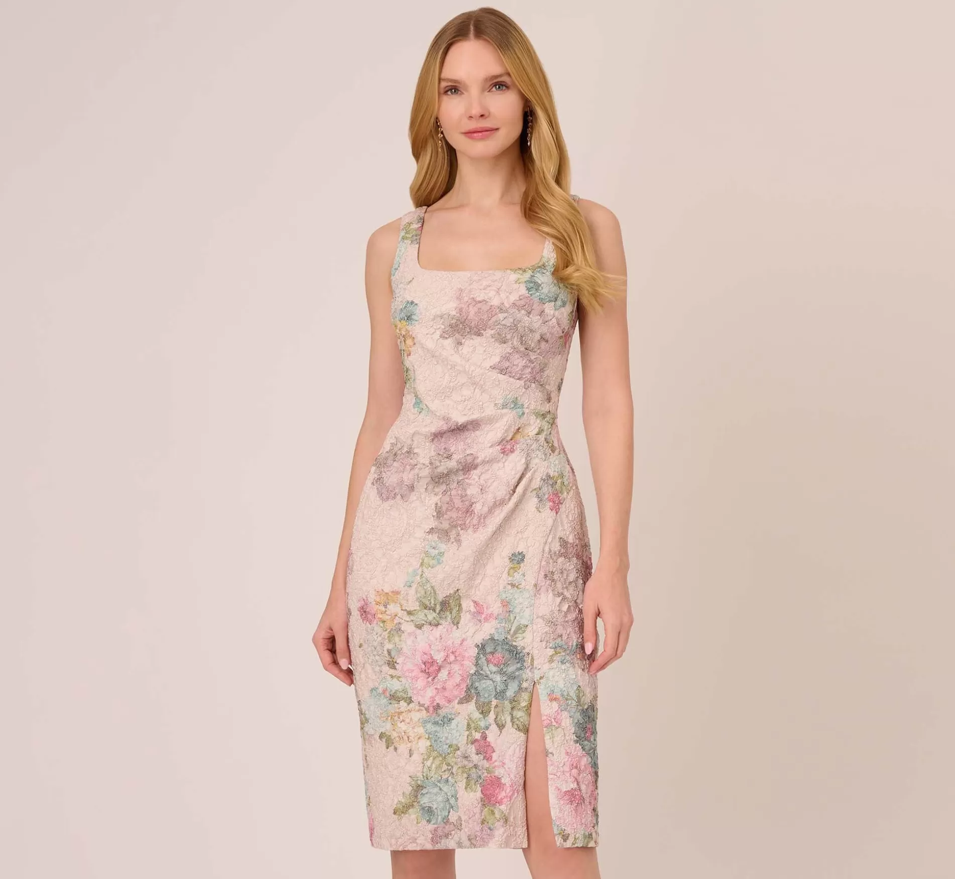 Shop Floral Matelasse Sheath Dress With Draped Details In Marble Multi Floral | Floral