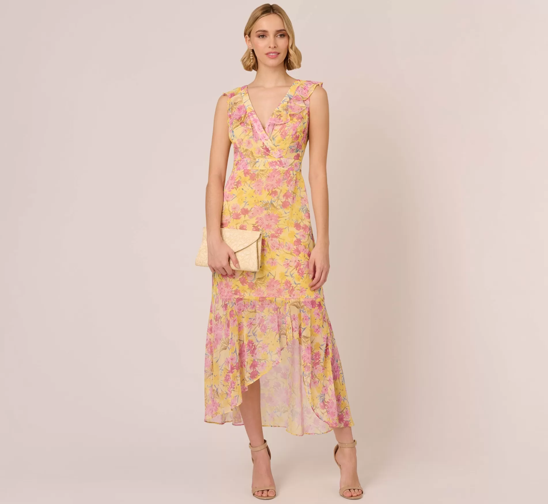 Outlet Floral Print Ankle Length Chiffon Dress With Ruffled Details In Yellow Multi Formal | Floral