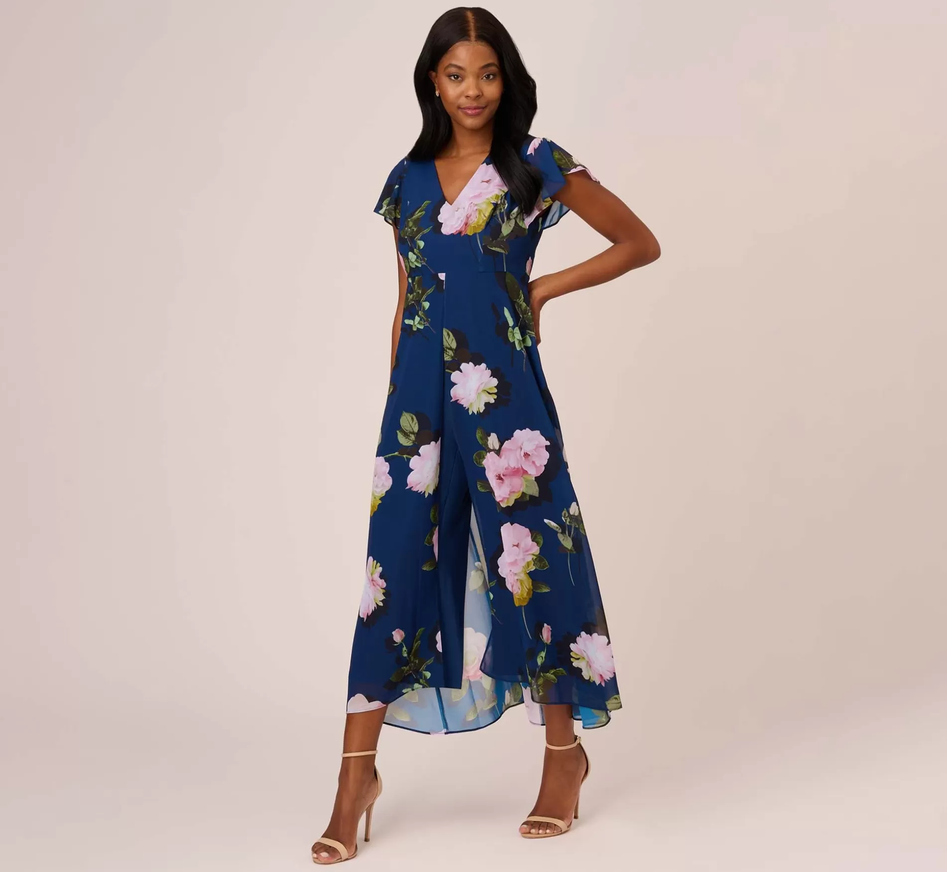 New Floral Print Chiffon Cropped Jumpsuit In Navy Multi Best Sellers | Dresses with Sleeves