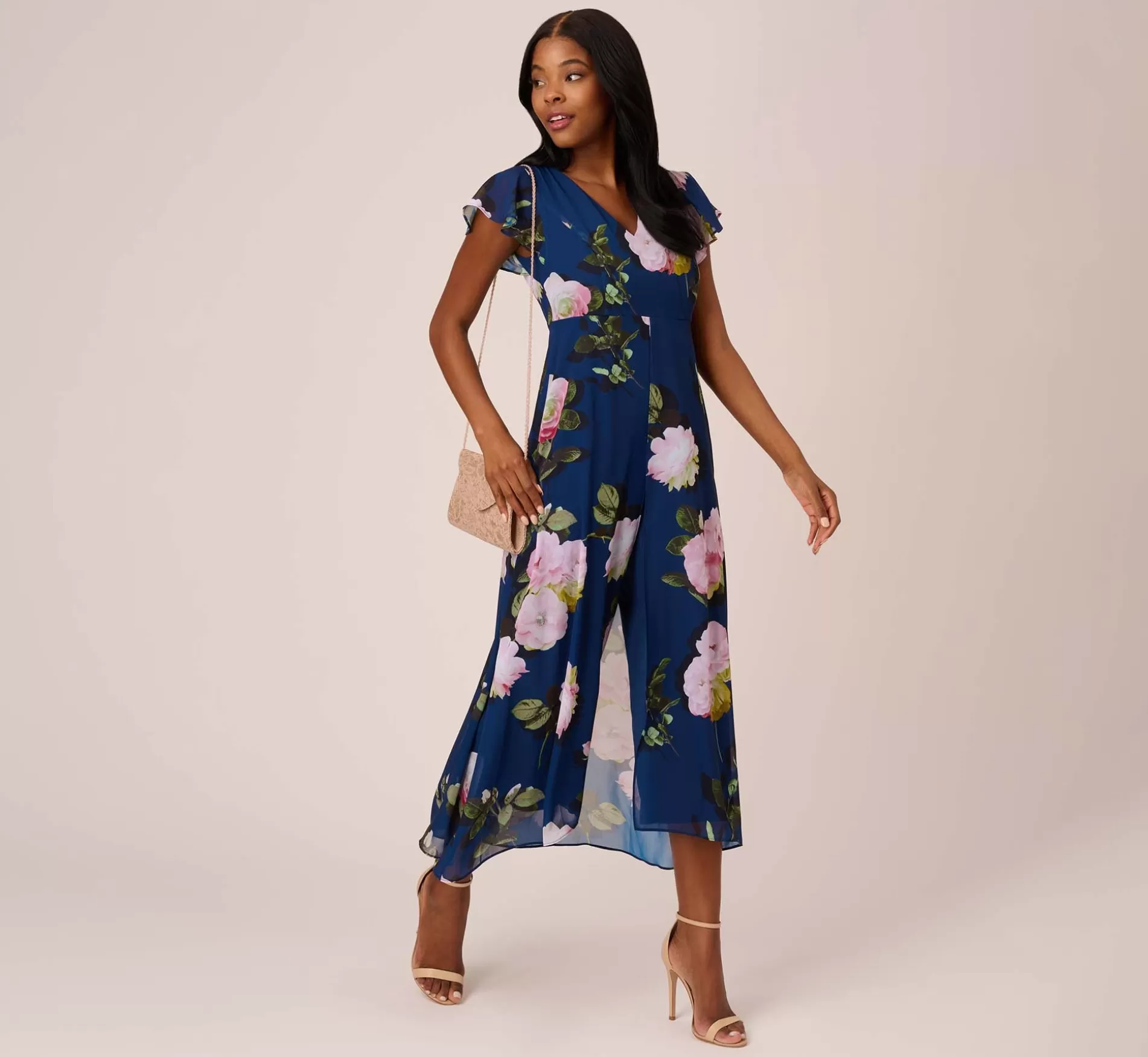 New Floral Print Chiffon Cropped Jumpsuit In Navy Multi Best Sellers | Dresses with Sleeves