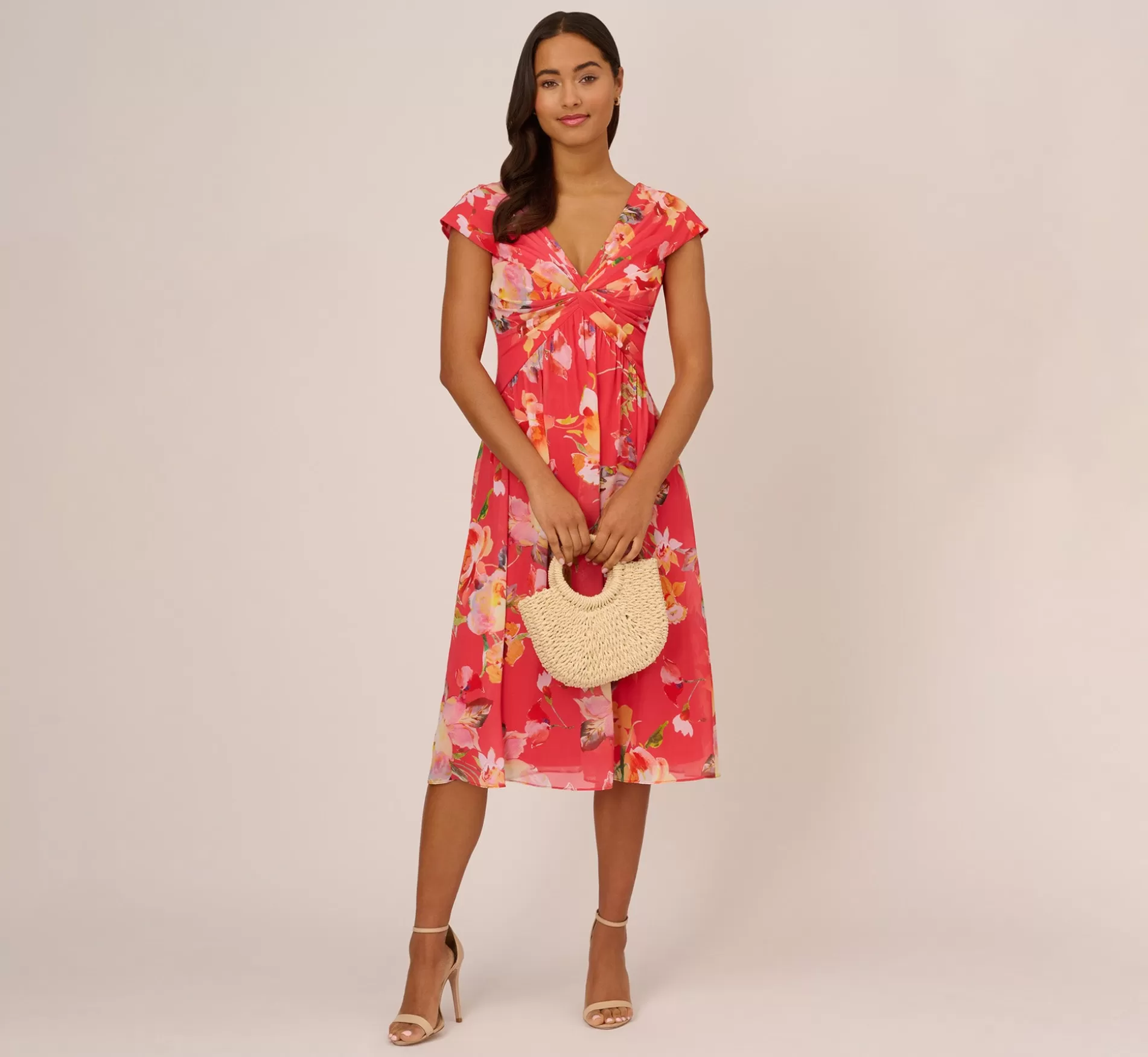 Outlet Floral Print Midi Dress With Twist Neckline In Coral Multi Best Sellers | Floral