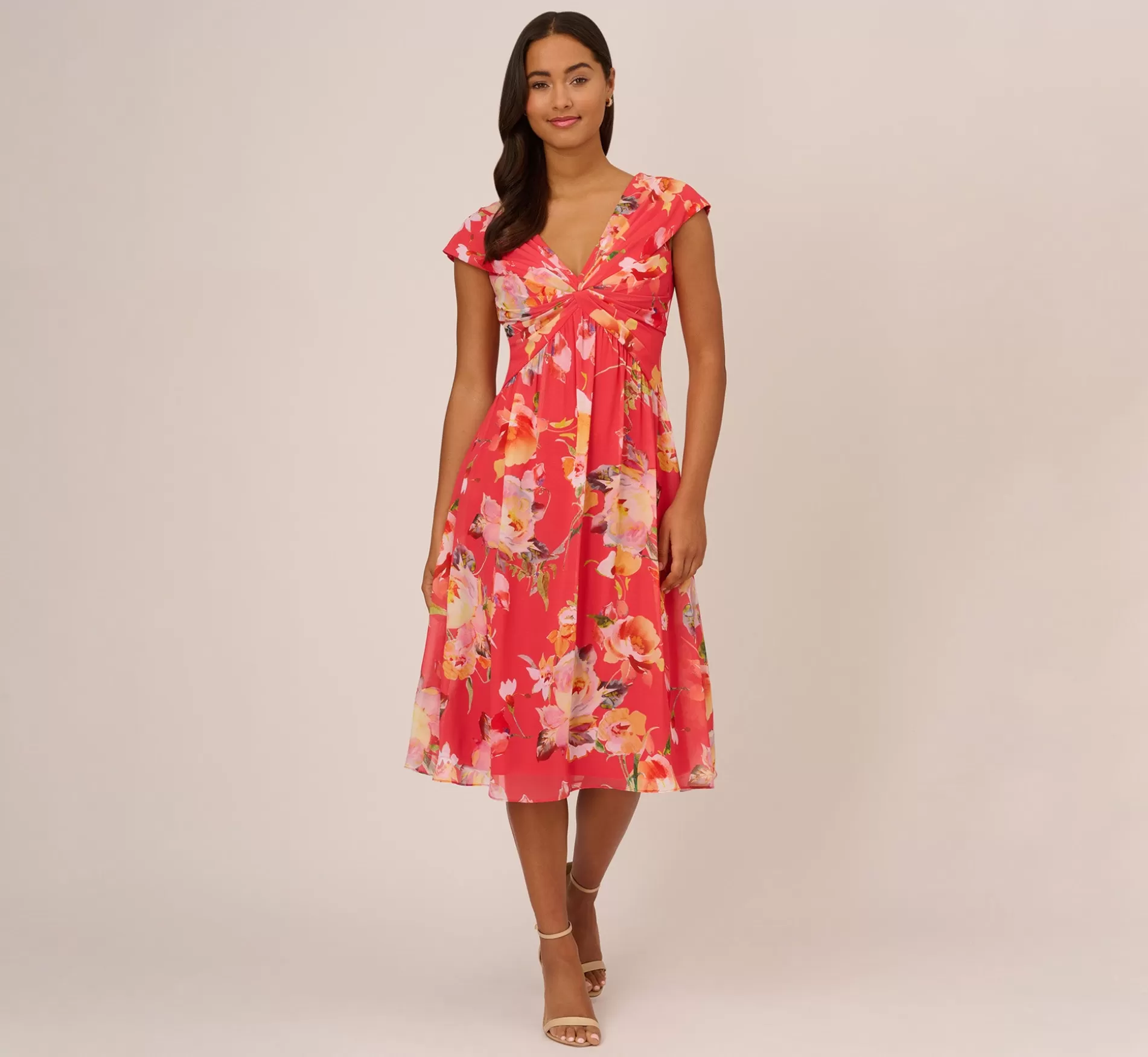Outlet Floral Print Midi Dress With Twist Neckline In Coral Multi Best Sellers | Floral