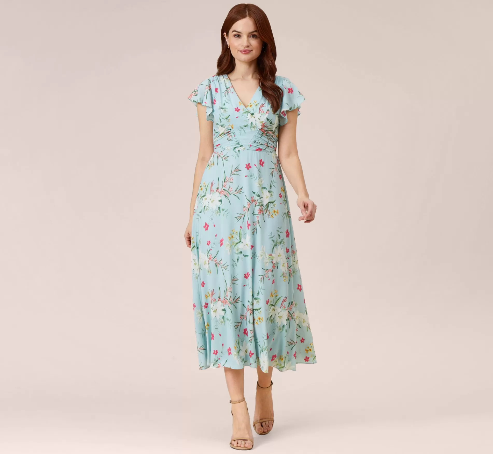 Best Floral Print Stretch Chiffon Midi-Length Fit-And-Flare Dress With Flutter Sleeves In Mint Smoke Floral | Floral