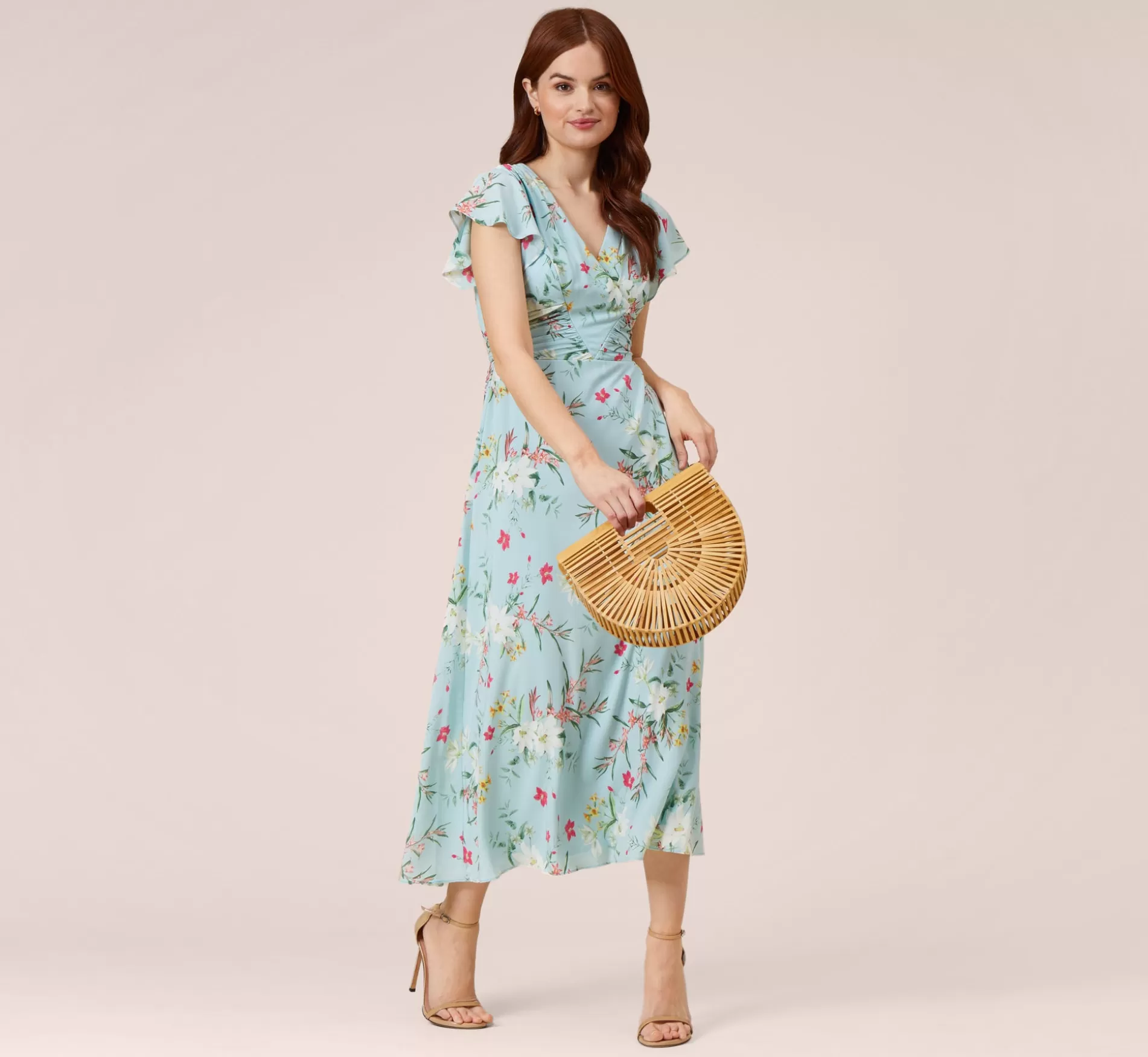 Best Floral Print Stretch Chiffon Midi-Length Fit-And-Flare Dress With Flutter Sleeves In Mint Smoke Floral | Floral