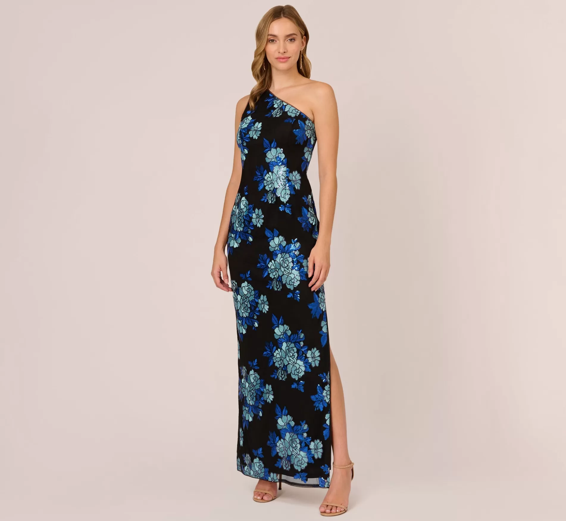 Clearance Floral Sequin One Shoulder Column Gown In Black Blue Multi Black Tie | Formal