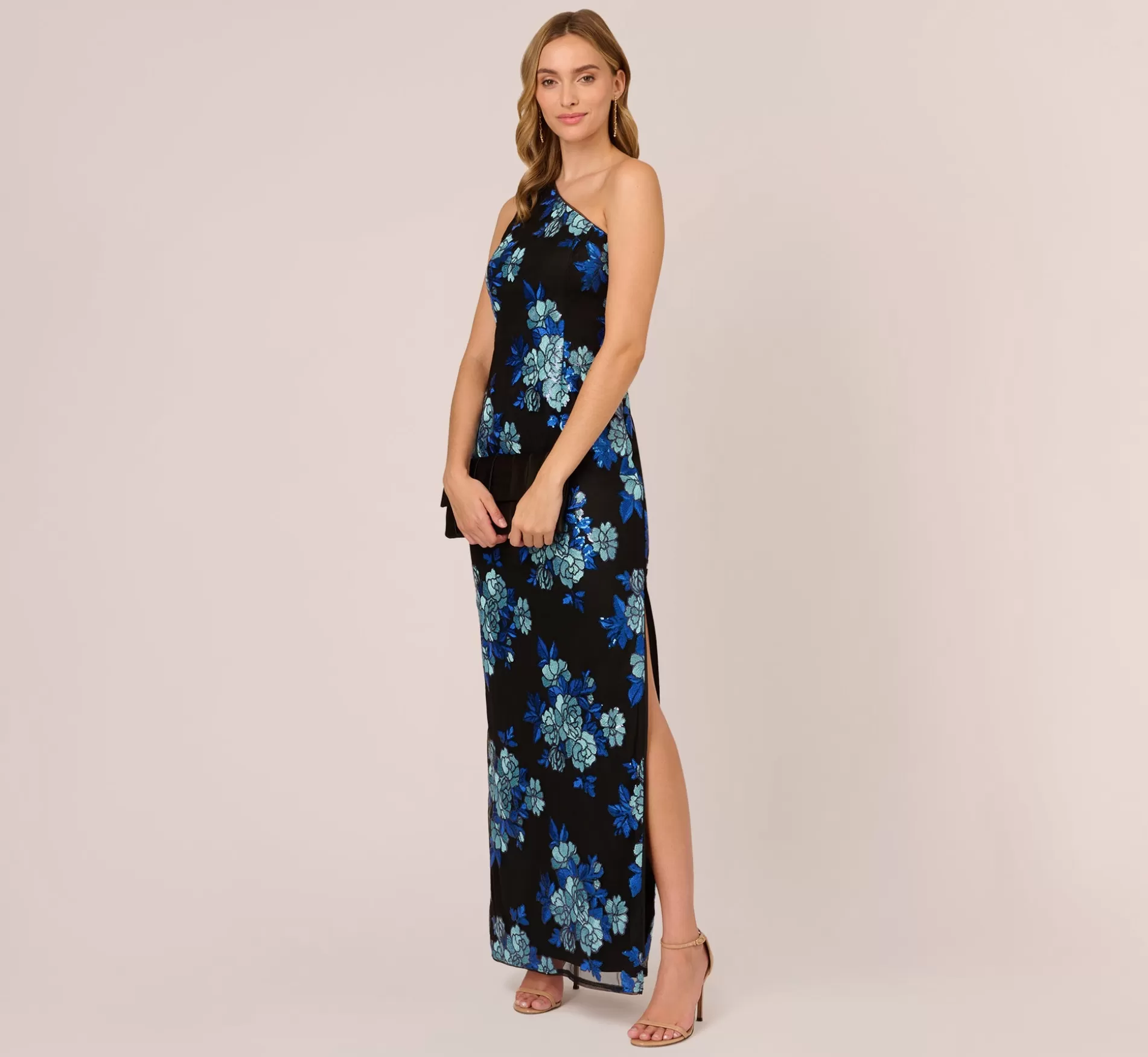 Clearance Floral Sequin One Shoulder Column Gown In Black Blue Multi Black Tie | Formal