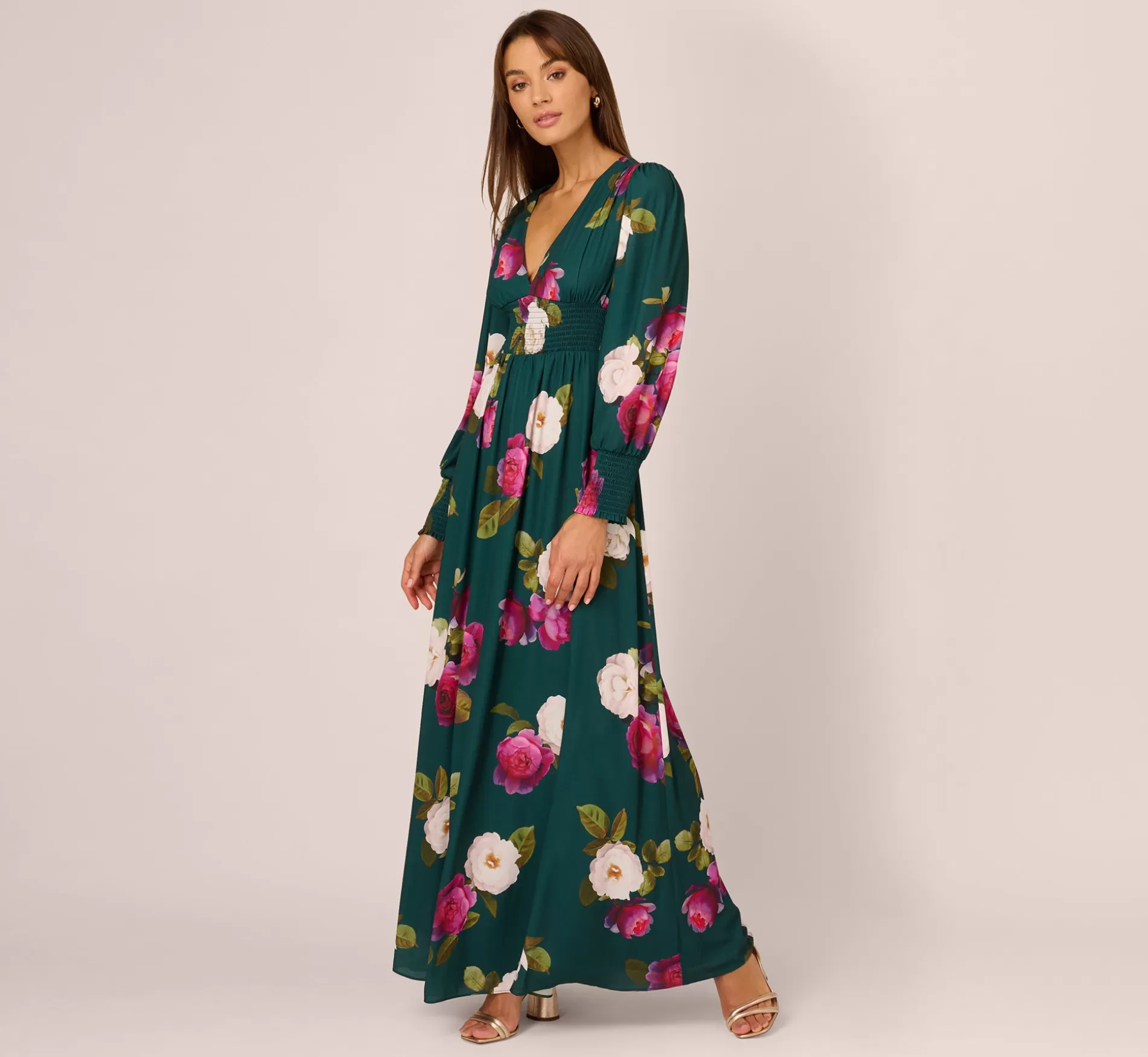 Clearance Floral Smock Maxi Dress With Long Sleeves In Green Multi Best Sellers | Floral