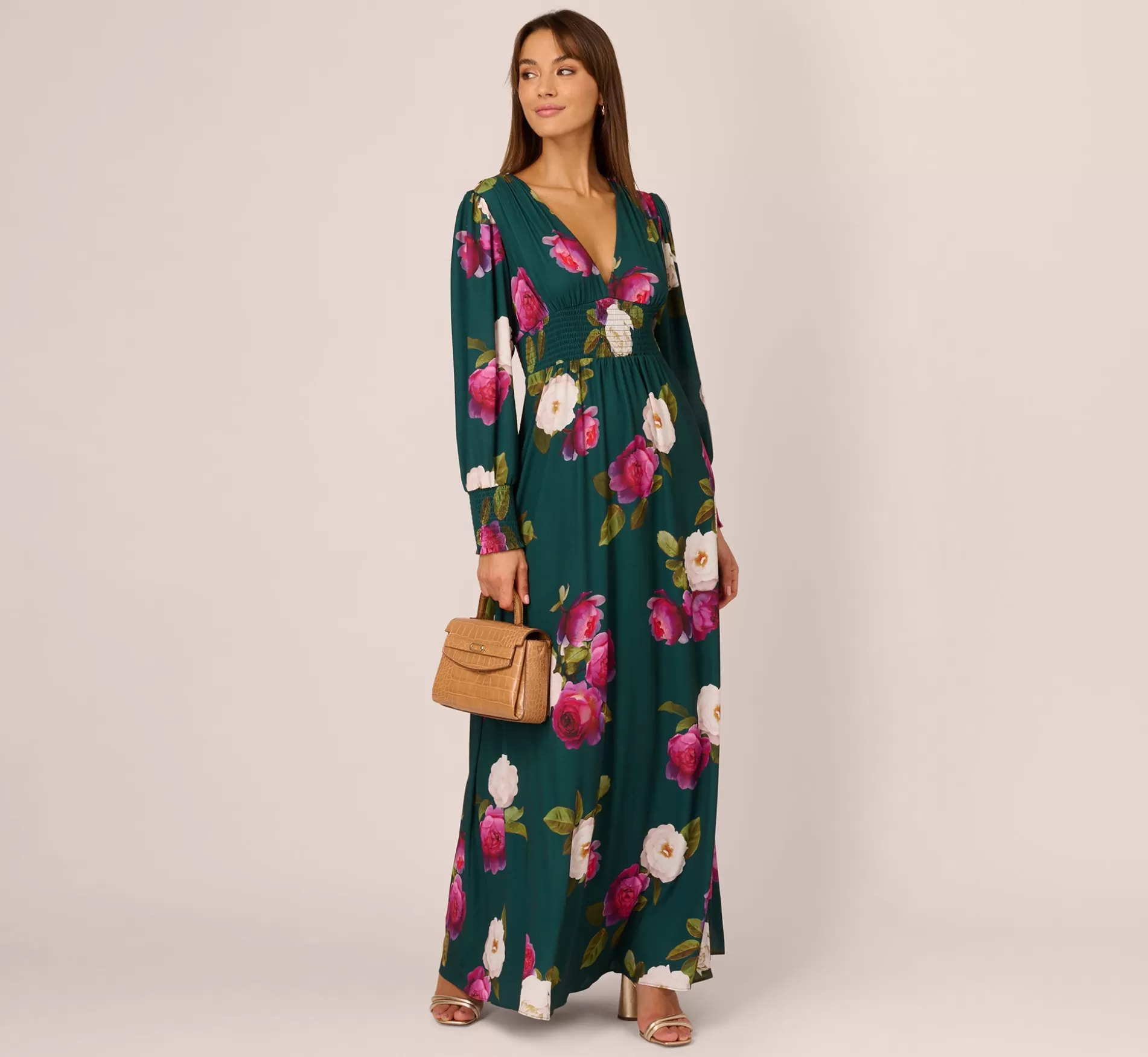 Clearance Floral Smock Maxi Dress With Long Sleeves In Green Multi Best Sellers | Floral