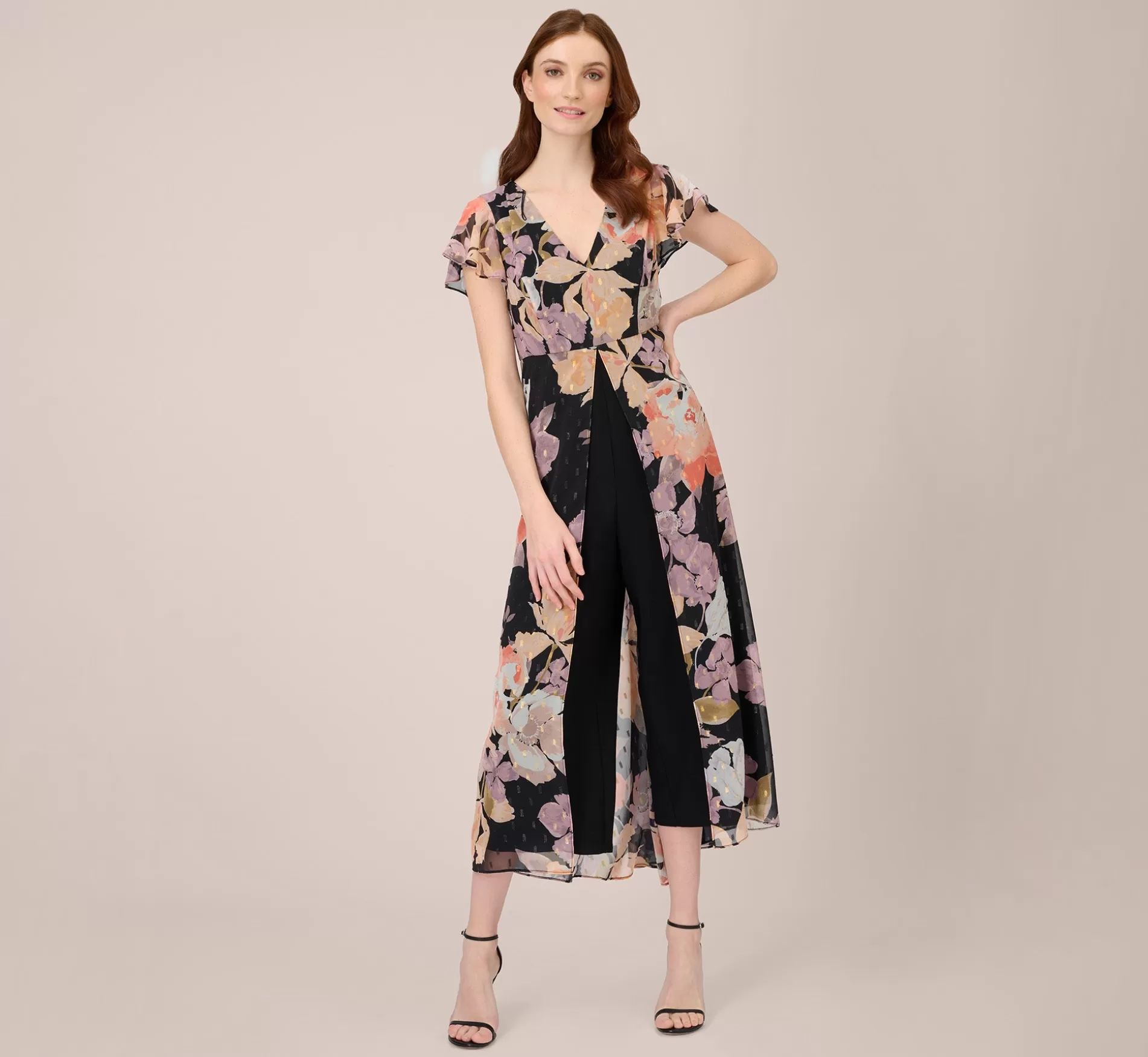 Cheap Floral-Print Chiffon And Jersey Cropped Jumpsuit In Black Multi Dresses with Sleeves | Dresses with Sleeves