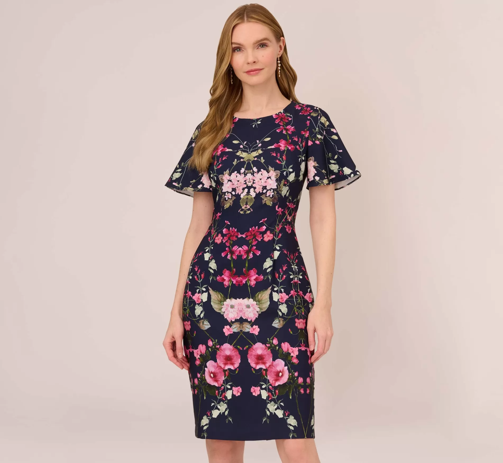 Best Floral-Print Crepe Midi-Length Sheath Dress In Navy Multi Floral | Floral