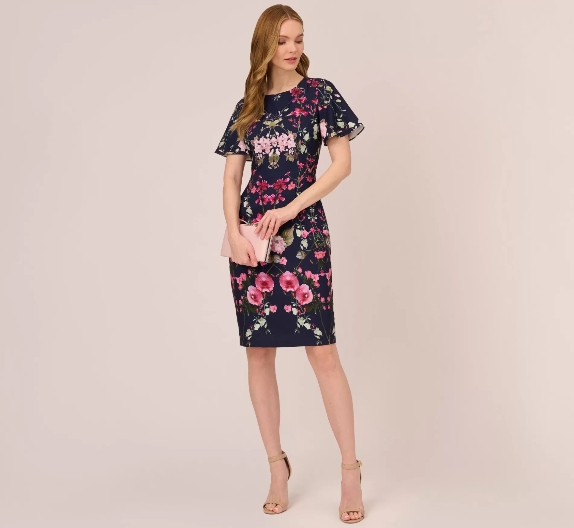 Best Floral-Print Crepe Midi-Length Sheath Dress In Navy Multi Floral | Floral