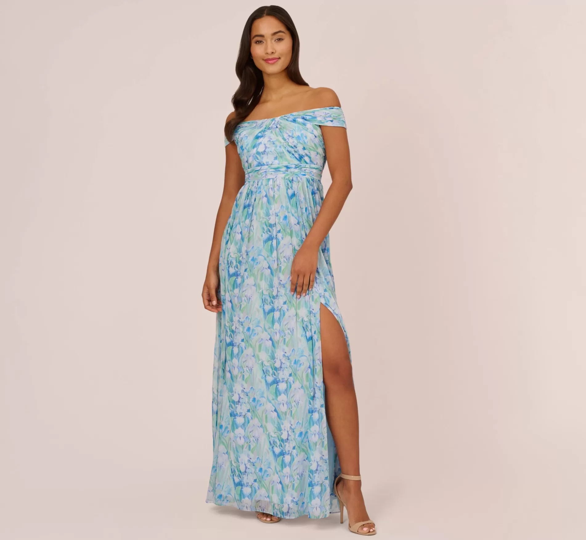 Online Floral-Print Off-The-Shoulder Chiffon Long Gown In Blue Multi Long Dresses | Black Tie