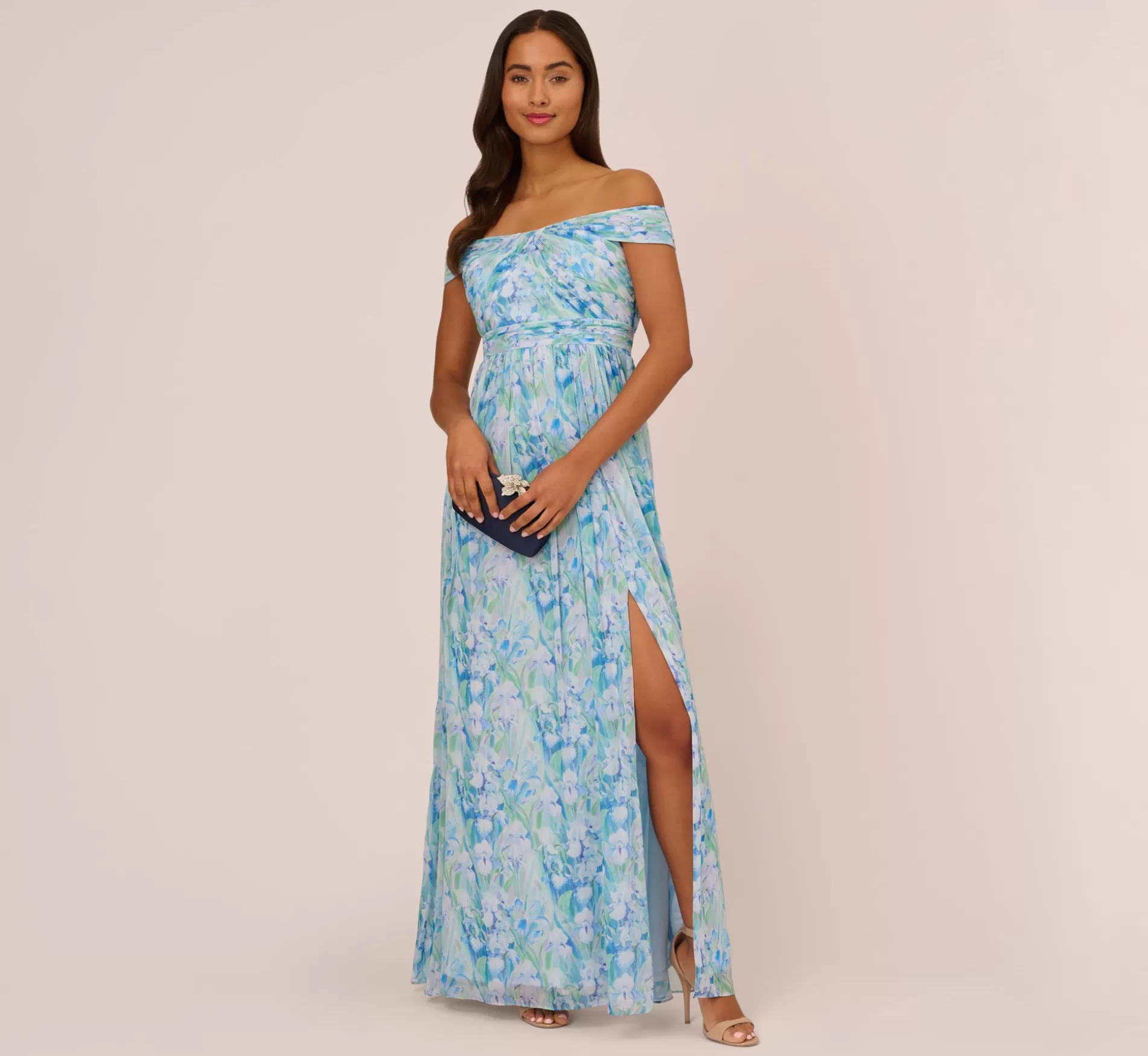 Online Floral-Print Off-The-Shoulder Chiffon Long Gown In Blue Multi Long Dresses | Black Tie