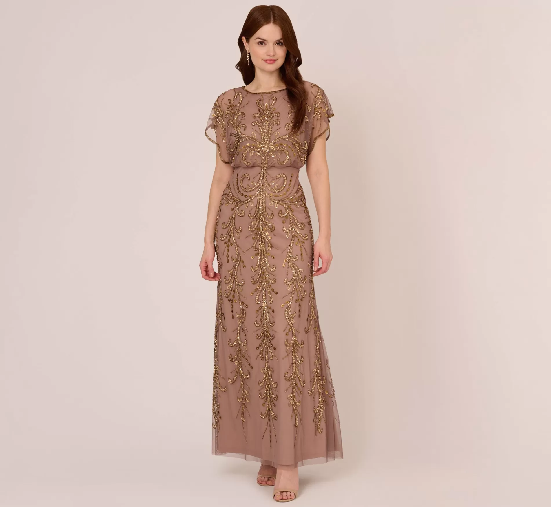 Fashion Flourish Beaded Blouson Gown With Flutter Dolman Sleeves In Stone Beaded | Black Tie