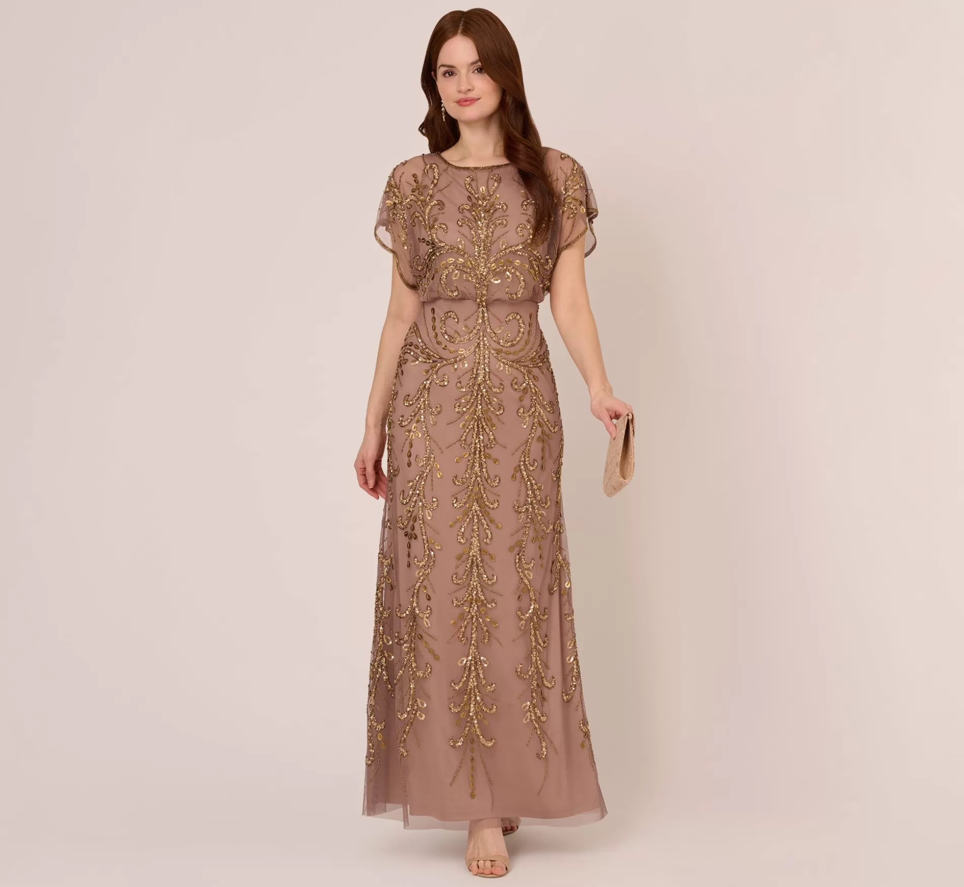 Fashion Flourish Beaded Blouson Gown With Flutter Dolman Sleeves In Stone Beaded | Black Tie