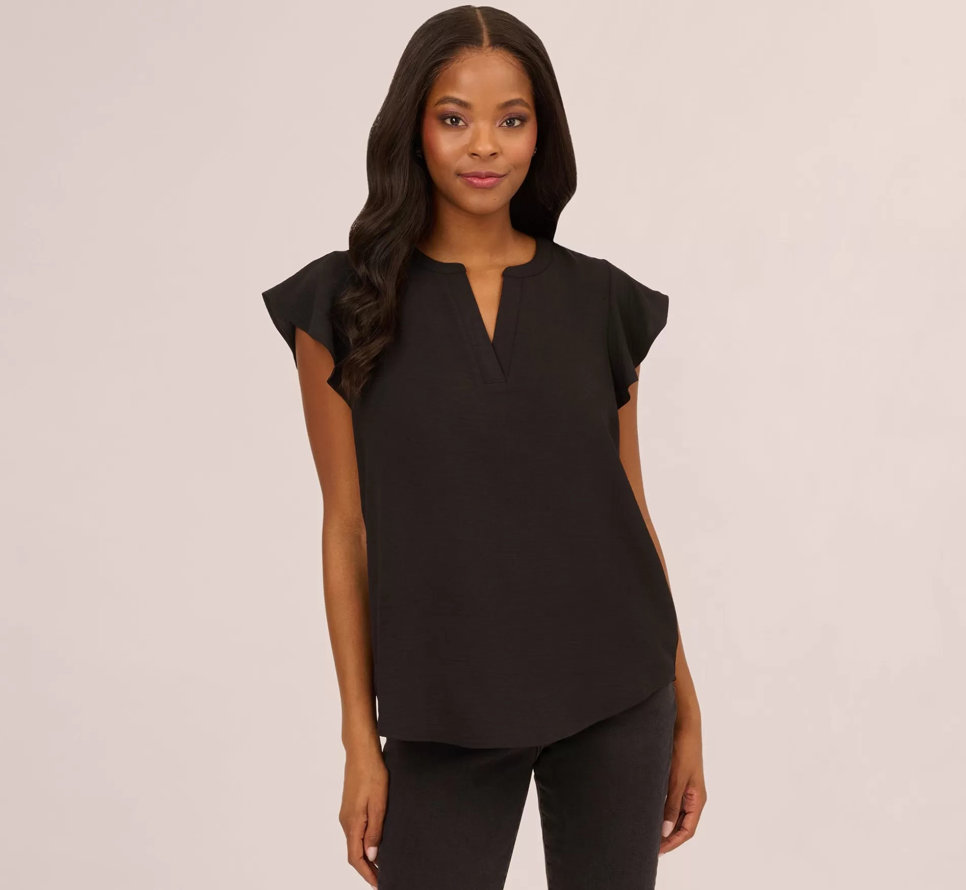 Clearance Flutter Sleeve Top With Notched Neck In Black Formal