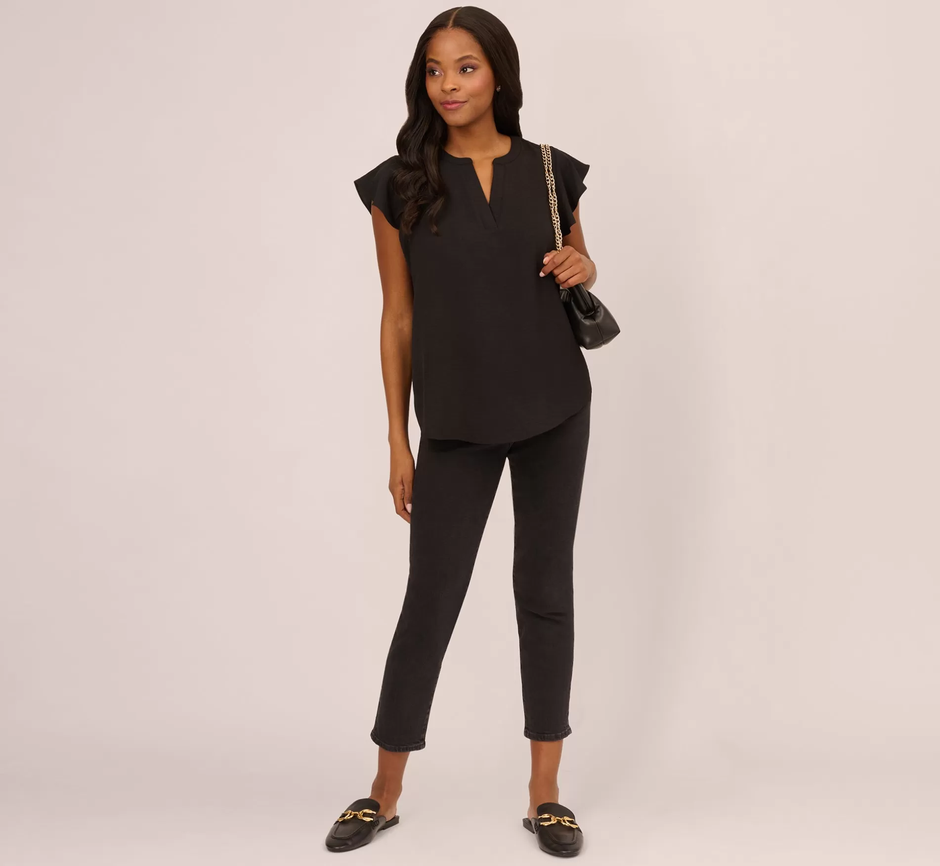 Clearance Flutter Sleeve Top With Notched Neck In Black Formal