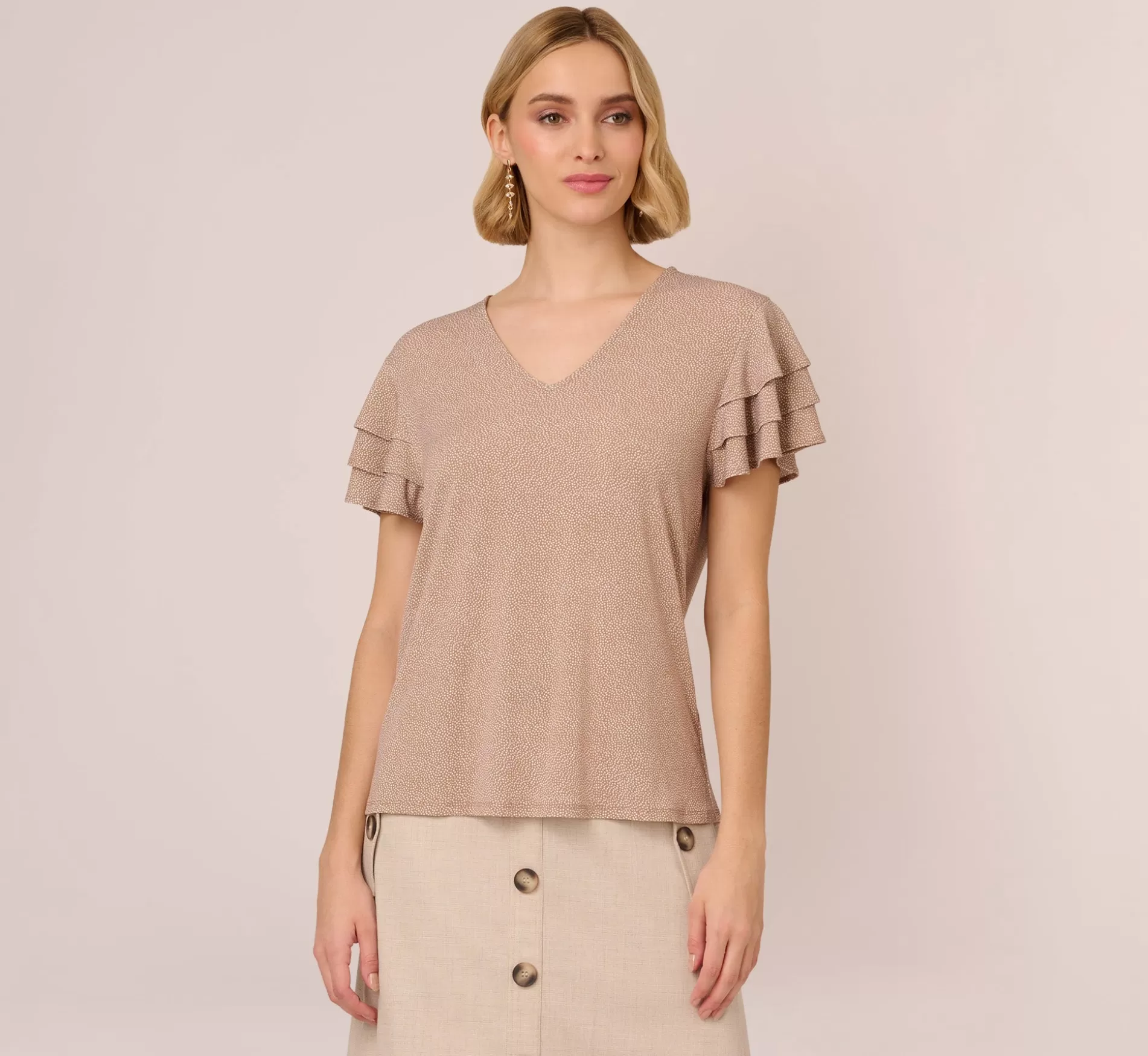Clearance Flutter Sleeve Top With V Neckline In Cocoa Ivory Micro Dot Formal
