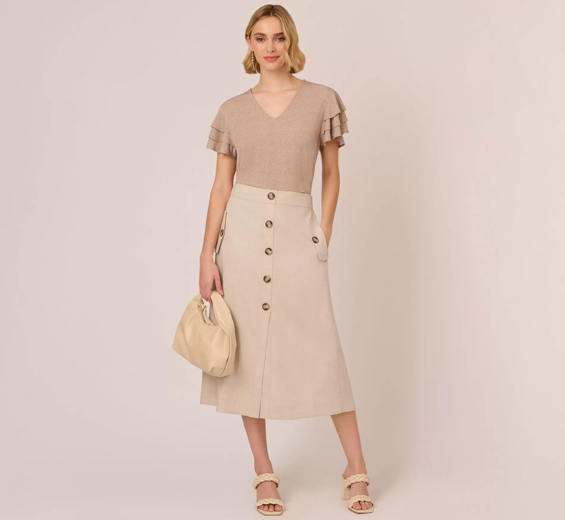 Clearance Flutter Sleeve Top With V Neckline In Cocoa Ivory Micro Dot Formal