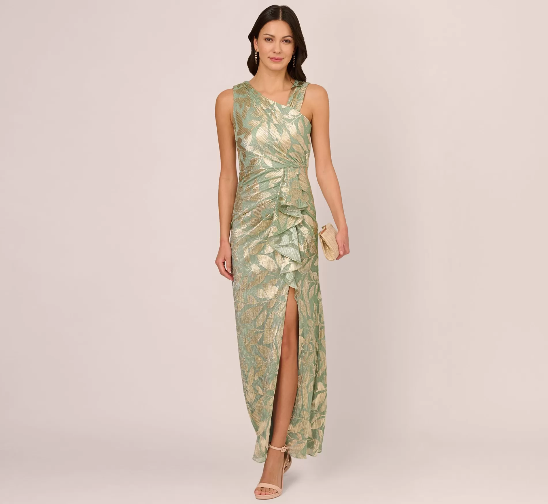Clearance Foil Printed Asymmetric Gown With Ruffled Detail In Sage Gold Best Sellers | Black Tie