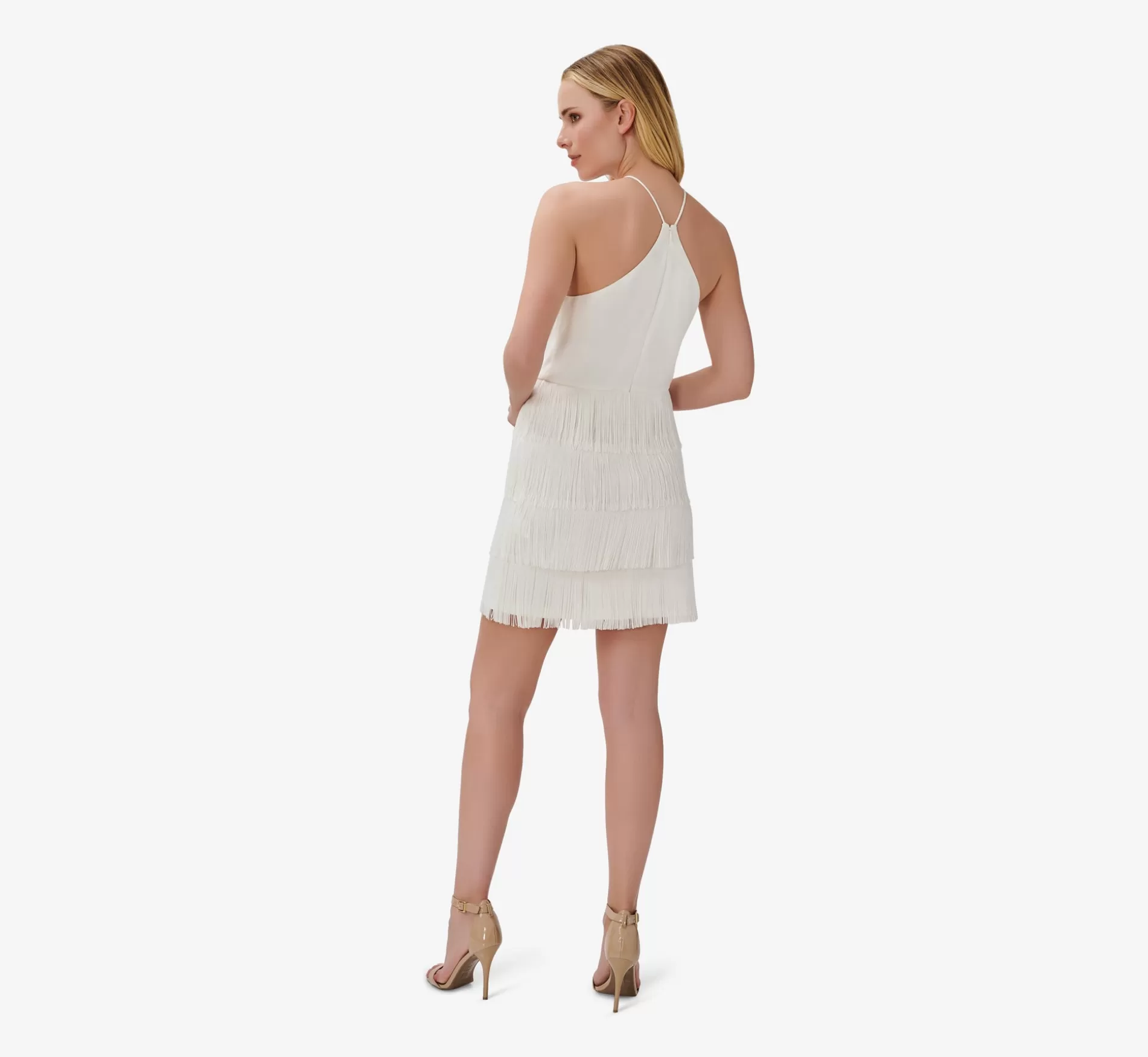 Online Fringe-Trim Short Sheath Cocktail Halter Dress In Ivory Little White Dresses | Short Dresses