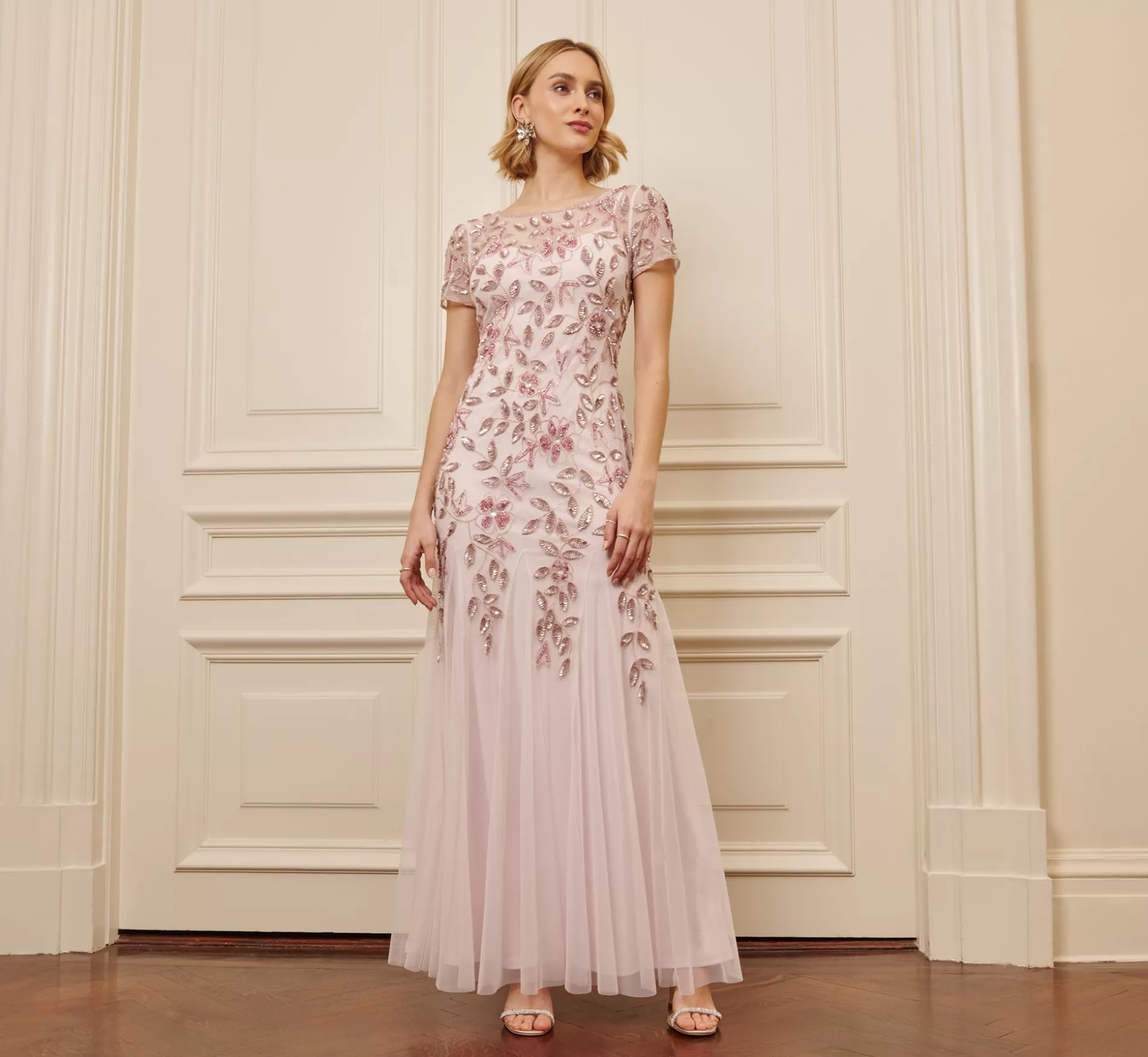 Cheap Hand Beaded Short Sleeve Floral Godet Gown In Blush Pink Best Sellers | Beaded