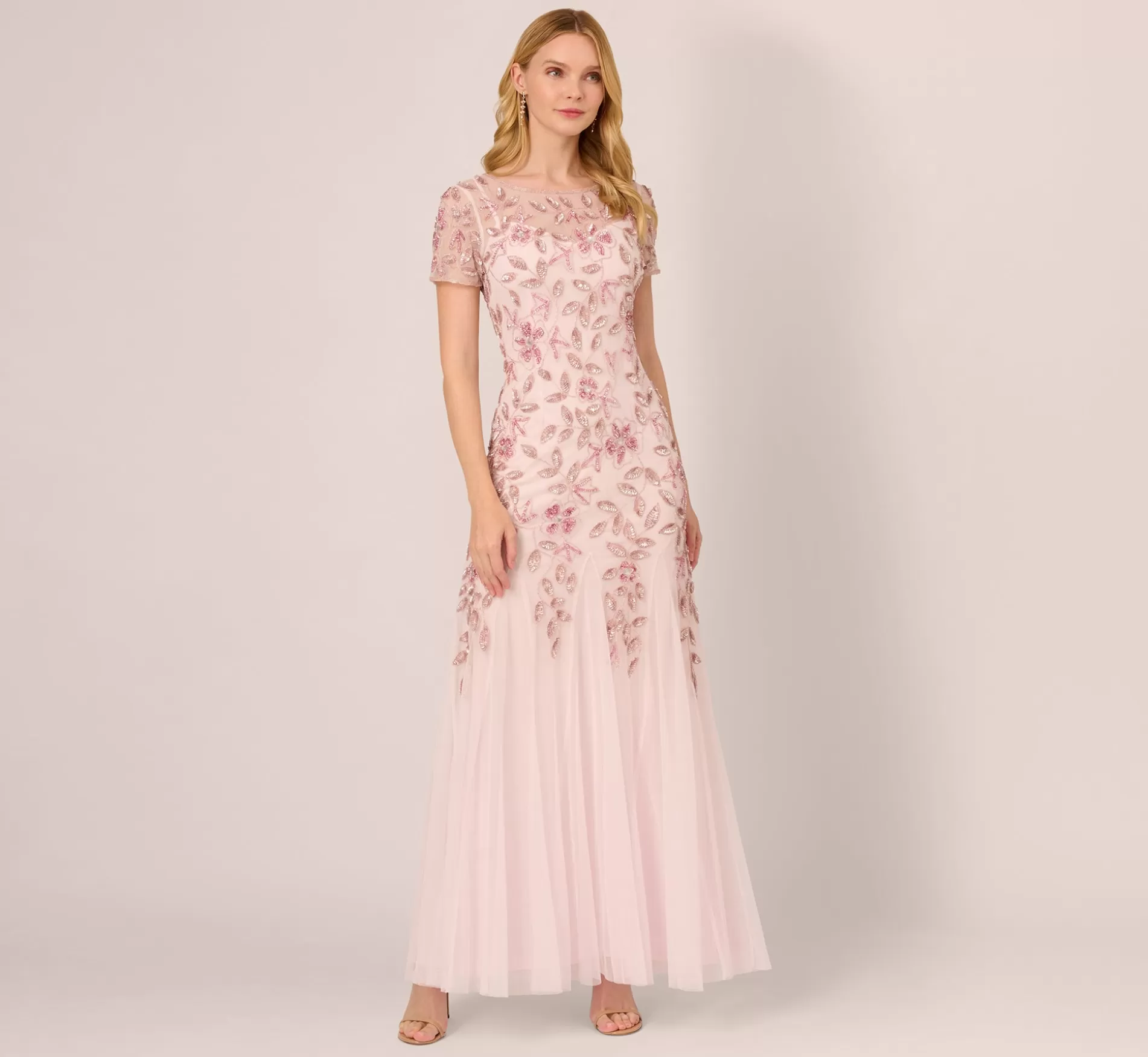 Cheap Hand Beaded Short Sleeve Floral Godet Gown In Blush Pink Best Sellers | Beaded