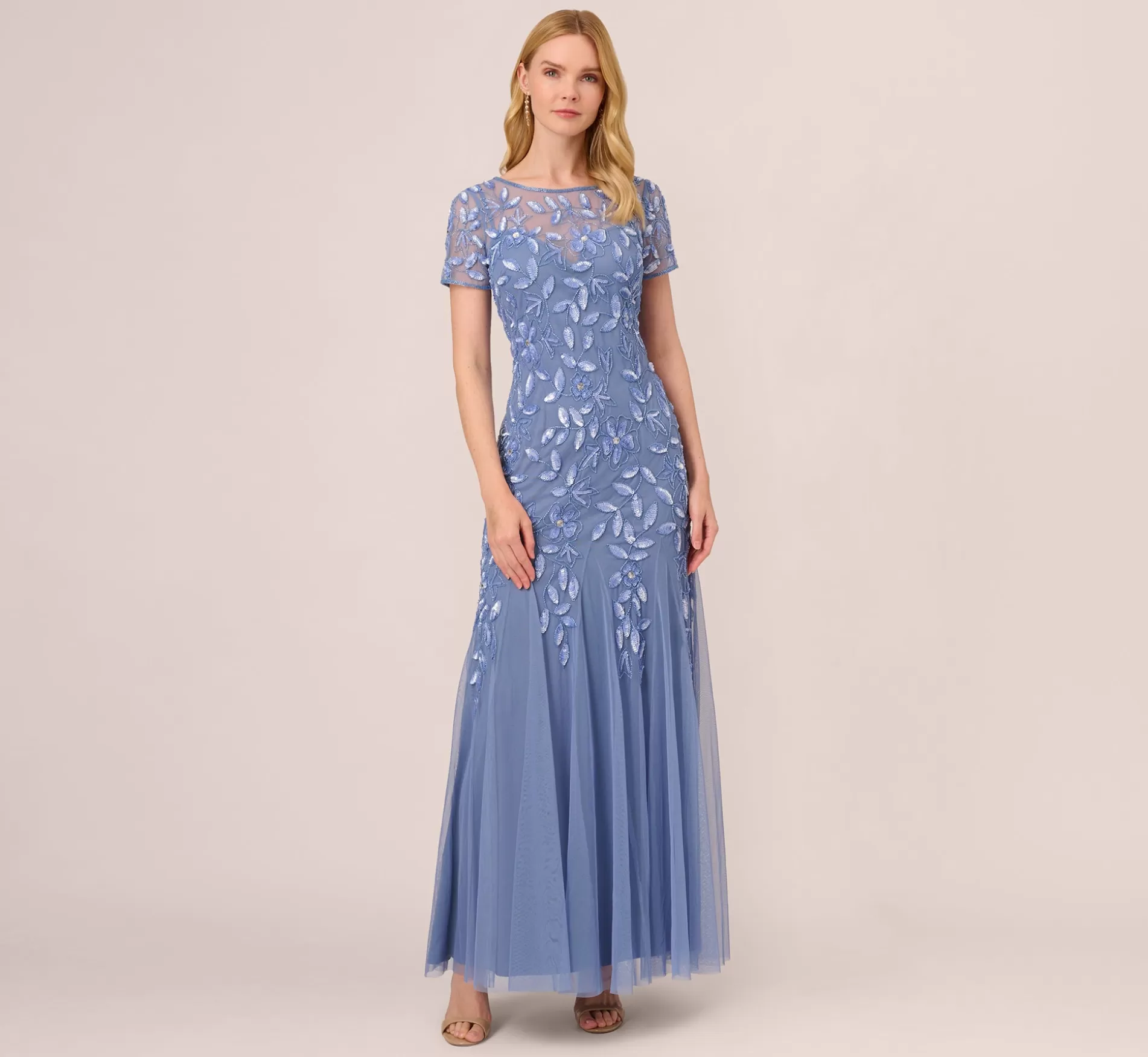 Best Hand Beaded Short Sleeve Floral Godet Gown In French Blue Best Sellers | Beaded