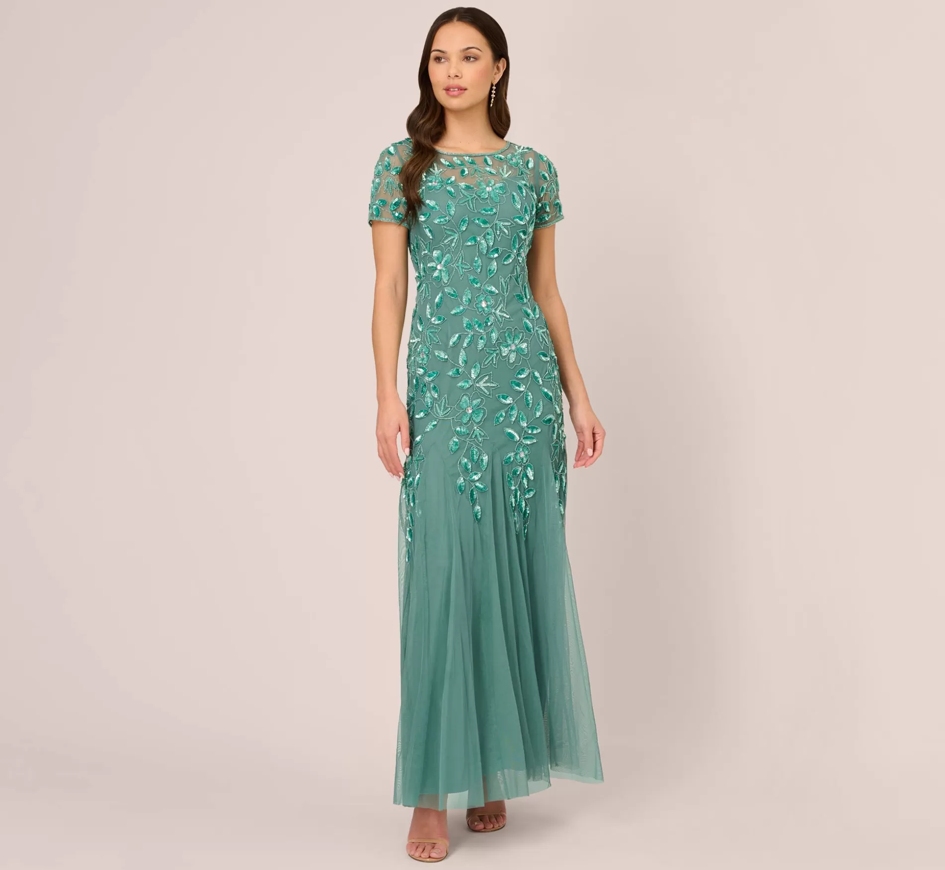 Cheap Hand Beaded Short Sleeve Floral Godet Gown In Green Slate Beaded | Formal