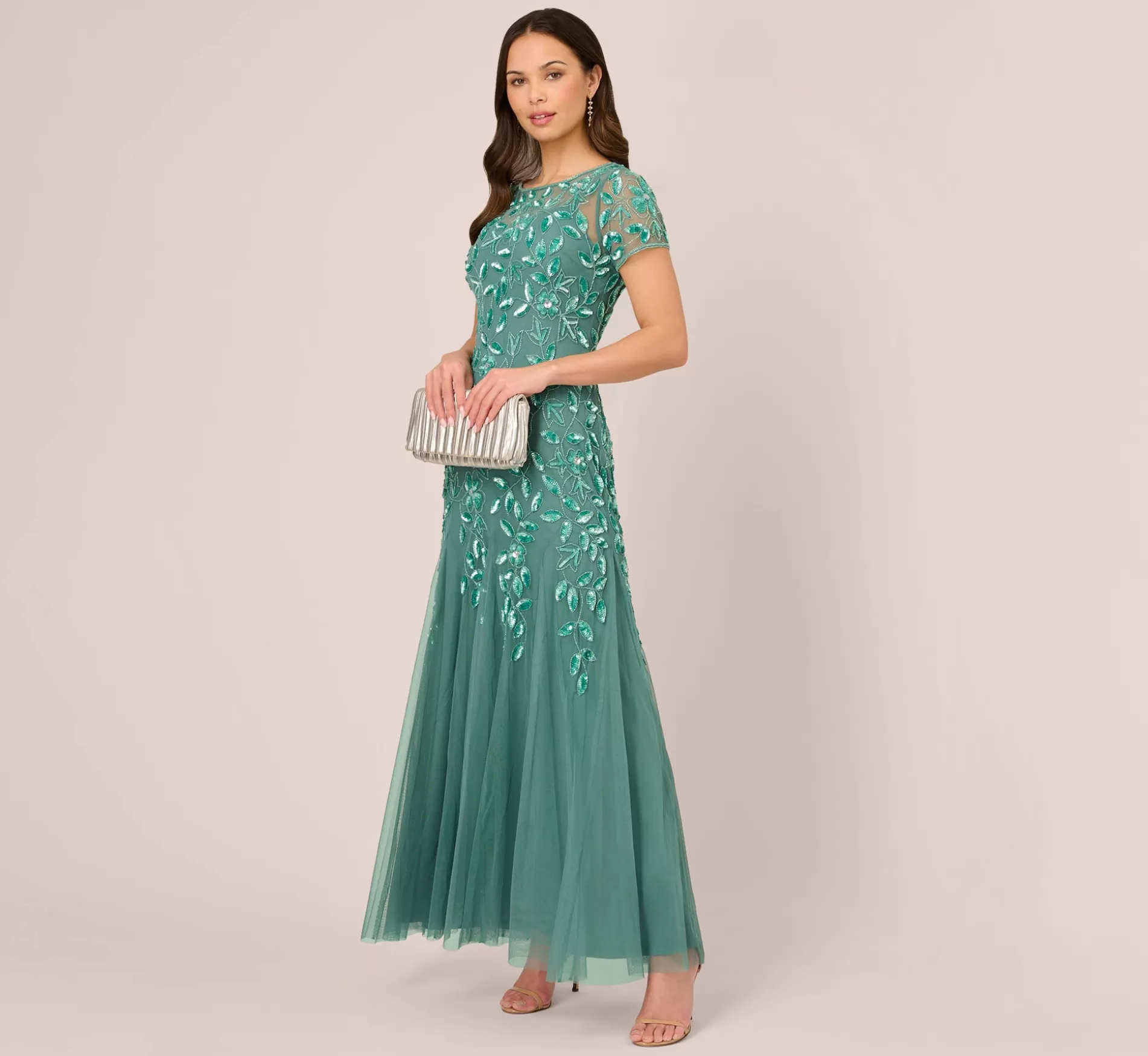 Cheap Hand Beaded Short Sleeve Floral Godet Gown In Green Slate Beaded | Formal