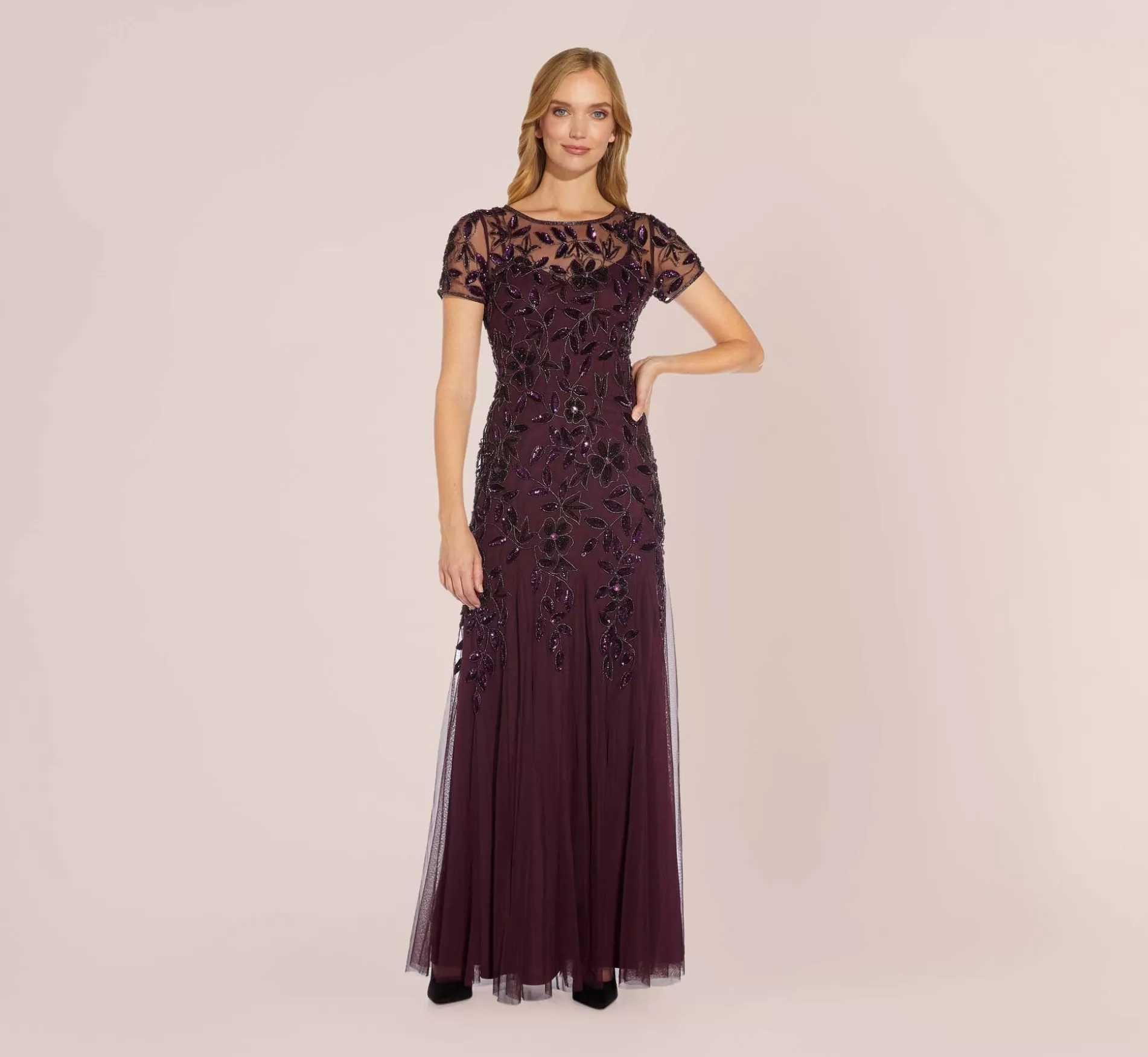 Clearance Hand Beaded Short Sleeve Floral Godet Gown In Night Plum Long Dresses | Best Sellers