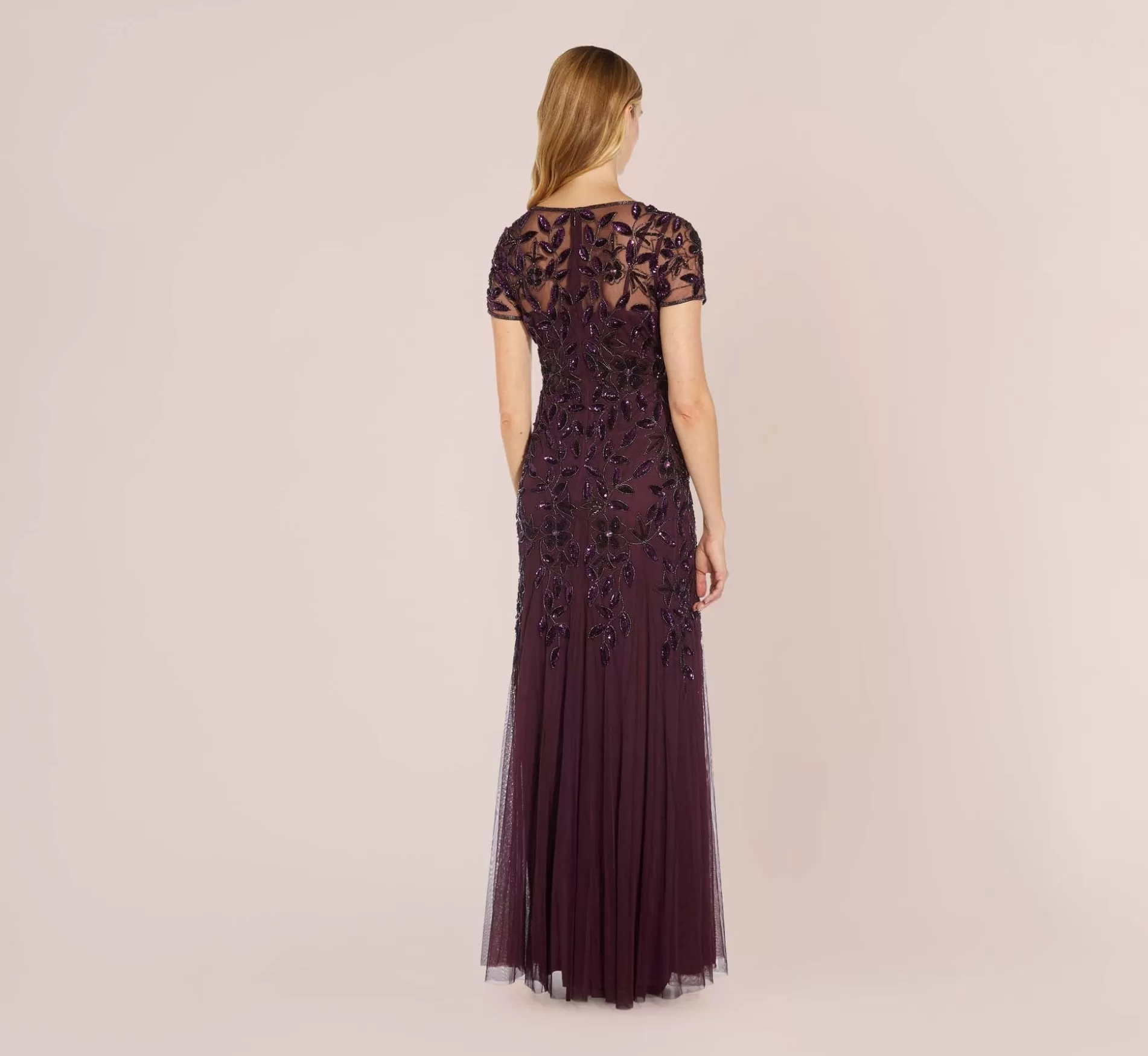 Clearance Hand Beaded Short Sleeve Floral Godet Gown In Night Plum Long Dresses | Best Sellers
