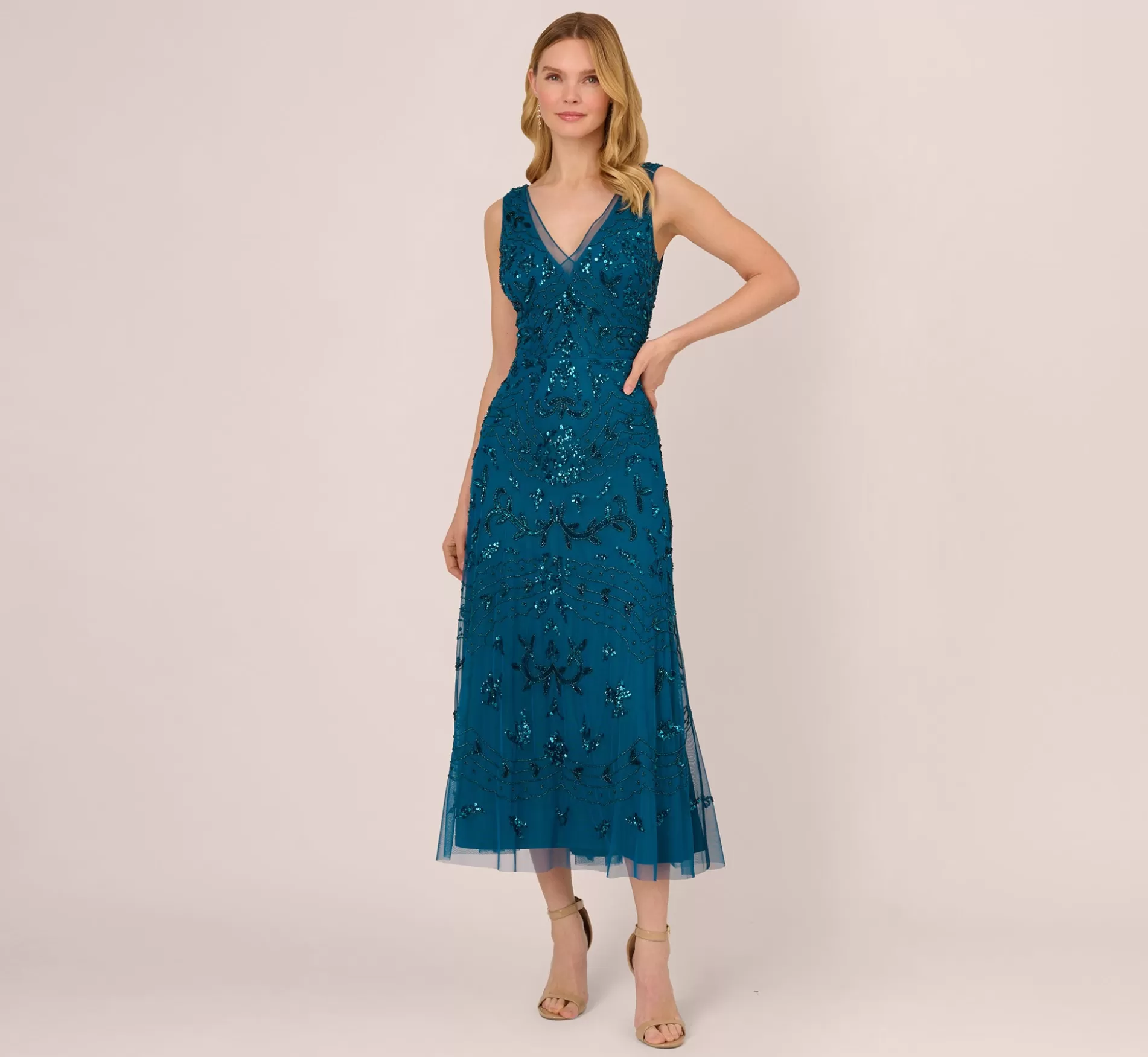 Best Sale Hand-Beaded Ankle-Length Dress In Teal Sapphire Best Sellers | Beaded